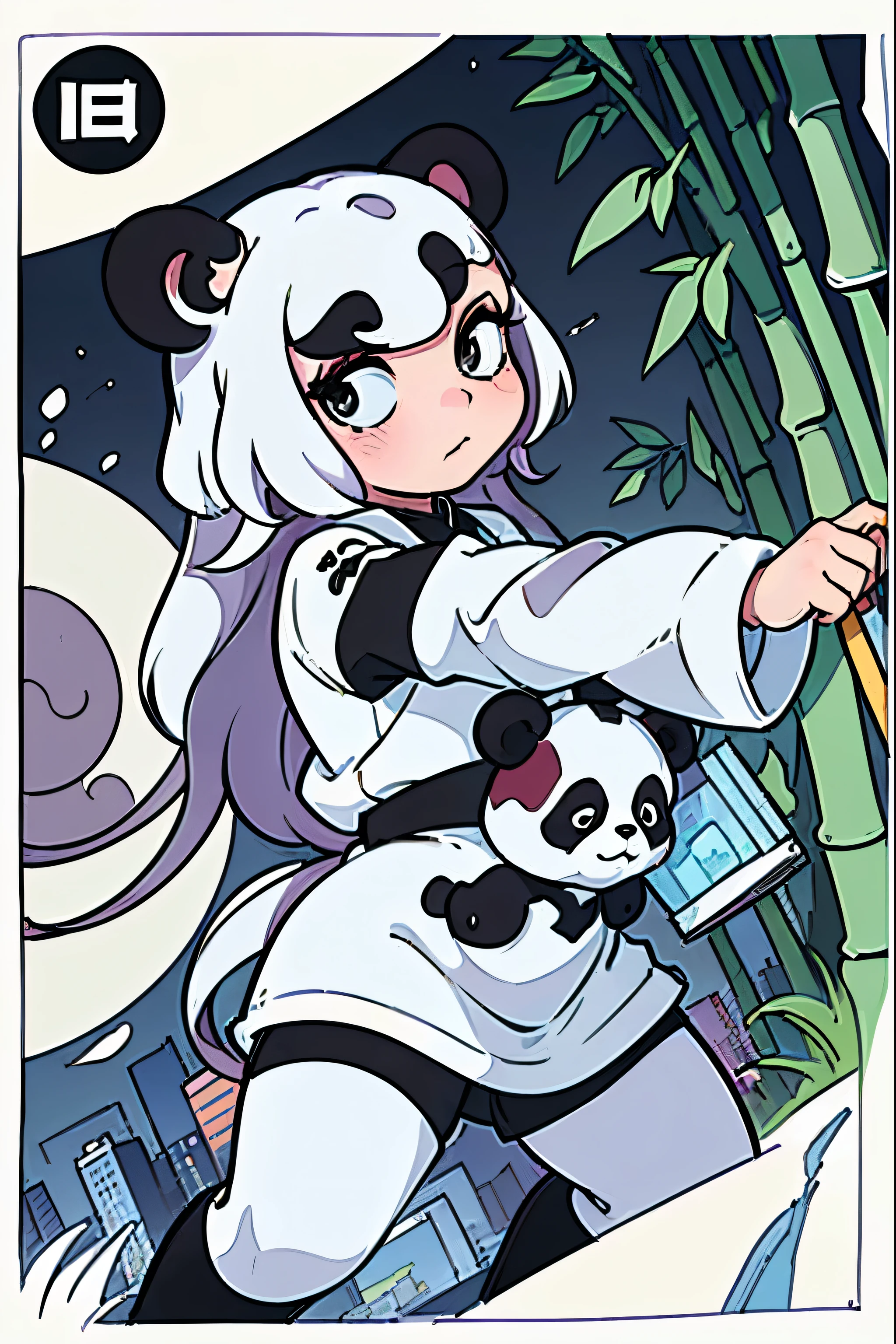 Masterpiece, coloring-book, line art, perfect line art, comic style, pandas in city of bamboo