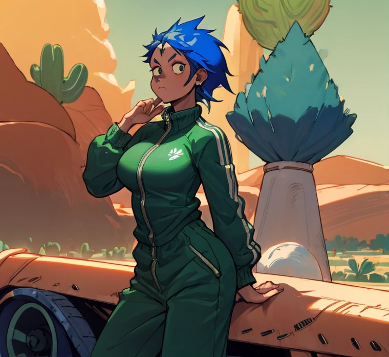 1girl, Short blue Shaggy Undercut Hair, Green Tracksuit, Desert, Lazy Eye, Big Large Breasts