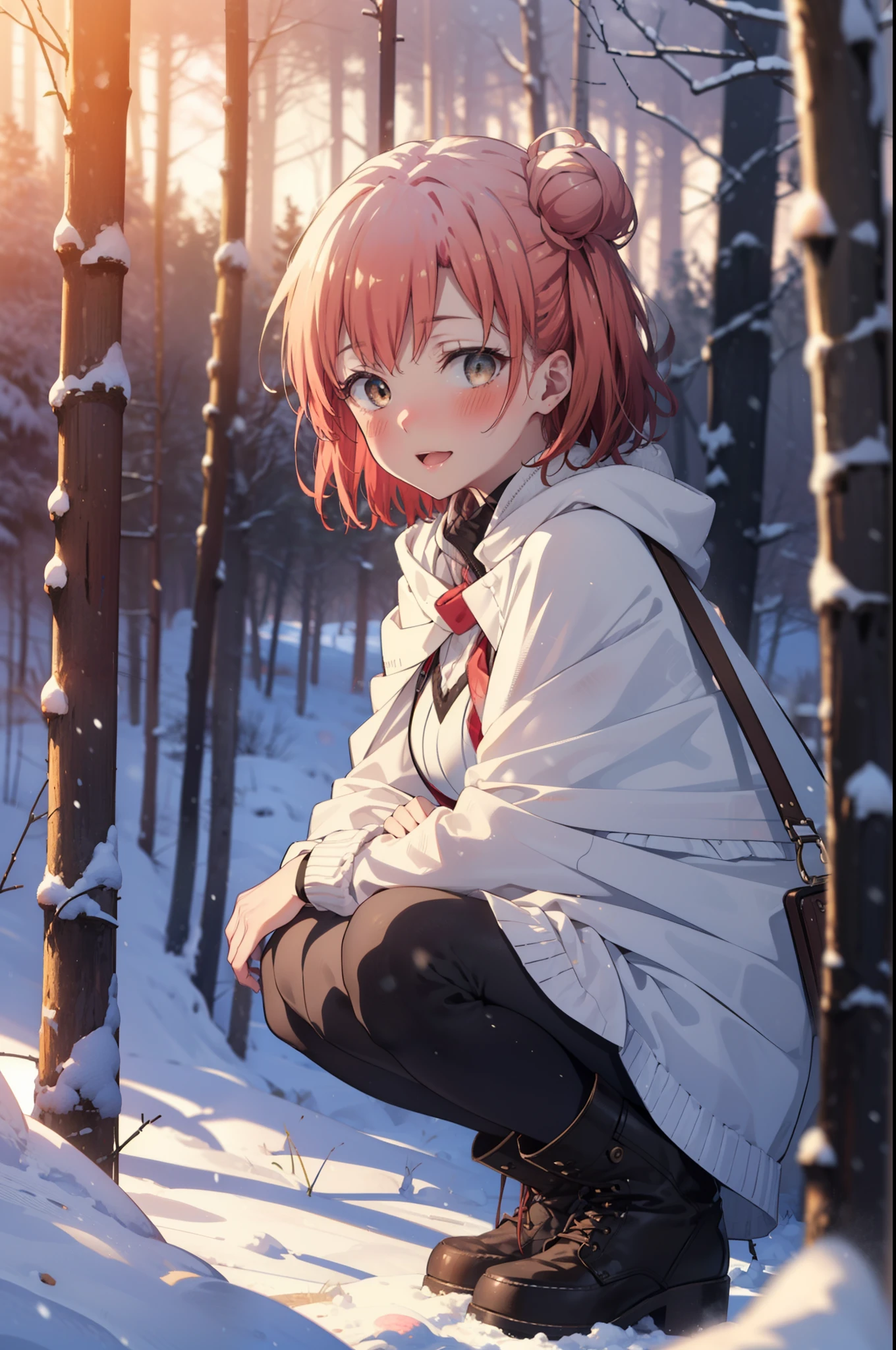 yuiyuigahama, yui yuigahama, short hair, (Brown eyes:1.5), (Pink Hair:1.2), Hair Bun, single Hair Bun, smile, (Big Breasts:1.2),smile,blush,White Breath,
Open your mouth,snow,Bonfire on the ground, Outdoor, boots, snowing, From the side, wood, suitcase, Cape, Blurred, forest, White handbag, nature, Squat, Mouth closed,Cape, winter, Written boundary depth, Black shoes, red Cape break looking at viewer, Upper Body, whole body, break Outdoor, forest, nature, break (masterpiece:1.2), highest quality, High resolution, unity 8k wallpaper, (shape:0.8), (Beautiful and beautiful eyes:1.6), Highly detailed face, Perfect lighting, Highly detailed CG, (Perfect hands, Perfect Anatomy),
