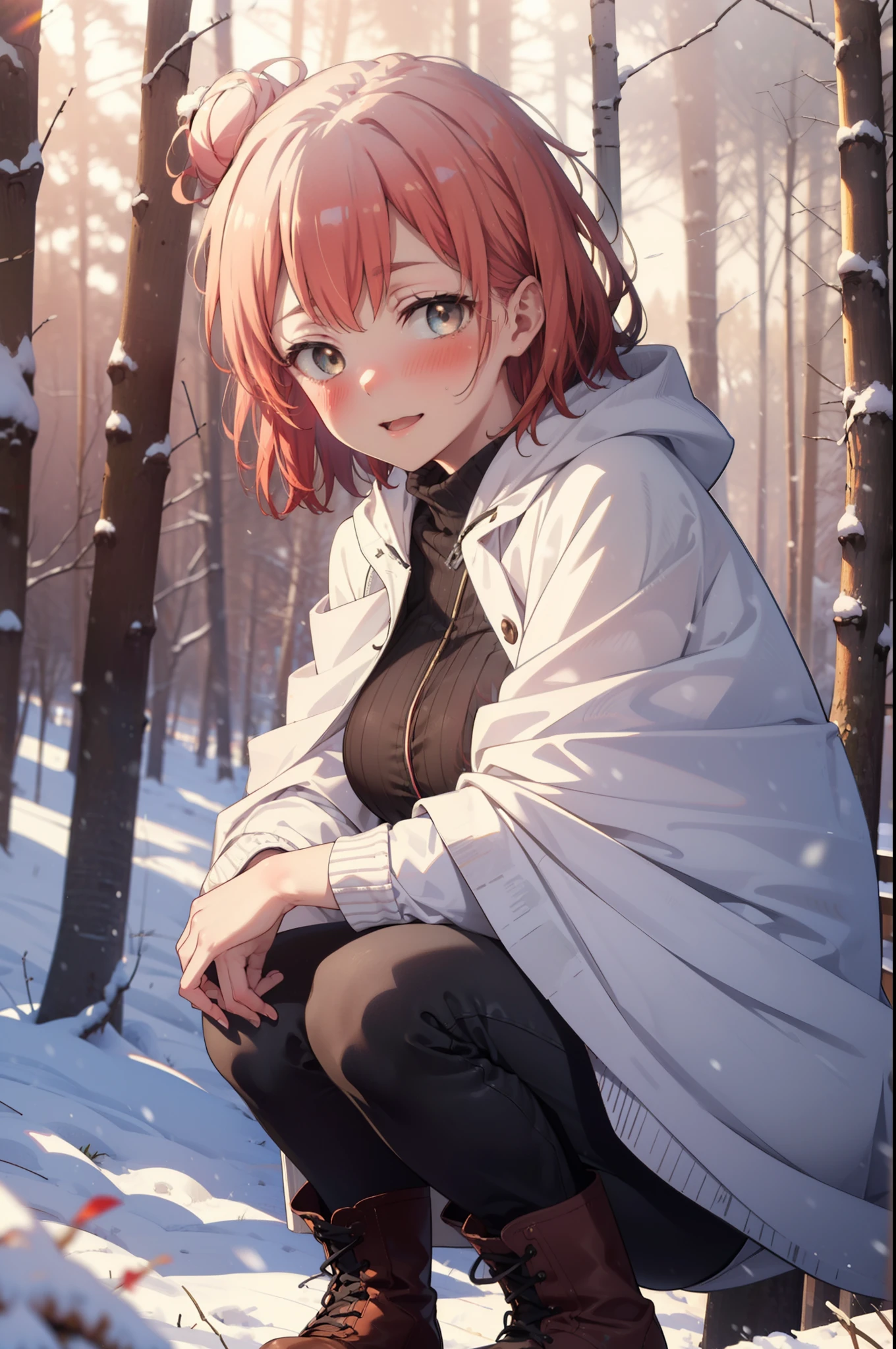 yuiyuigahama, yui yuigahama, short hair, (Brown eyes:1.5), (Pink Hair:1.2), Hair Bun, single Hair Bun, smile, (Big Breasts:1.2),smile,blush,White Breath,
Open your mouth,snow,Bonfire on the ground, Outdoor, boots, snowing, From the side, wood, suitcase, Cape, Blurred, forest, White handbag, nature, Squat, Mouth closed,Cape, winter, Written boundary depth, Black shoes, red Cape break looking at viewer, Upper Body, whole body, break Outdoor, forest, nature, break (masterpiece:1.2), highest quality, High resolution, unity 8k wallpaper, (shape:0.8), (Beautiful and beautiful eyes:1.6), Highly detailed face, Perfect lighting, Highly detailed CG, (Perfect hands, Perfect Anatomy),