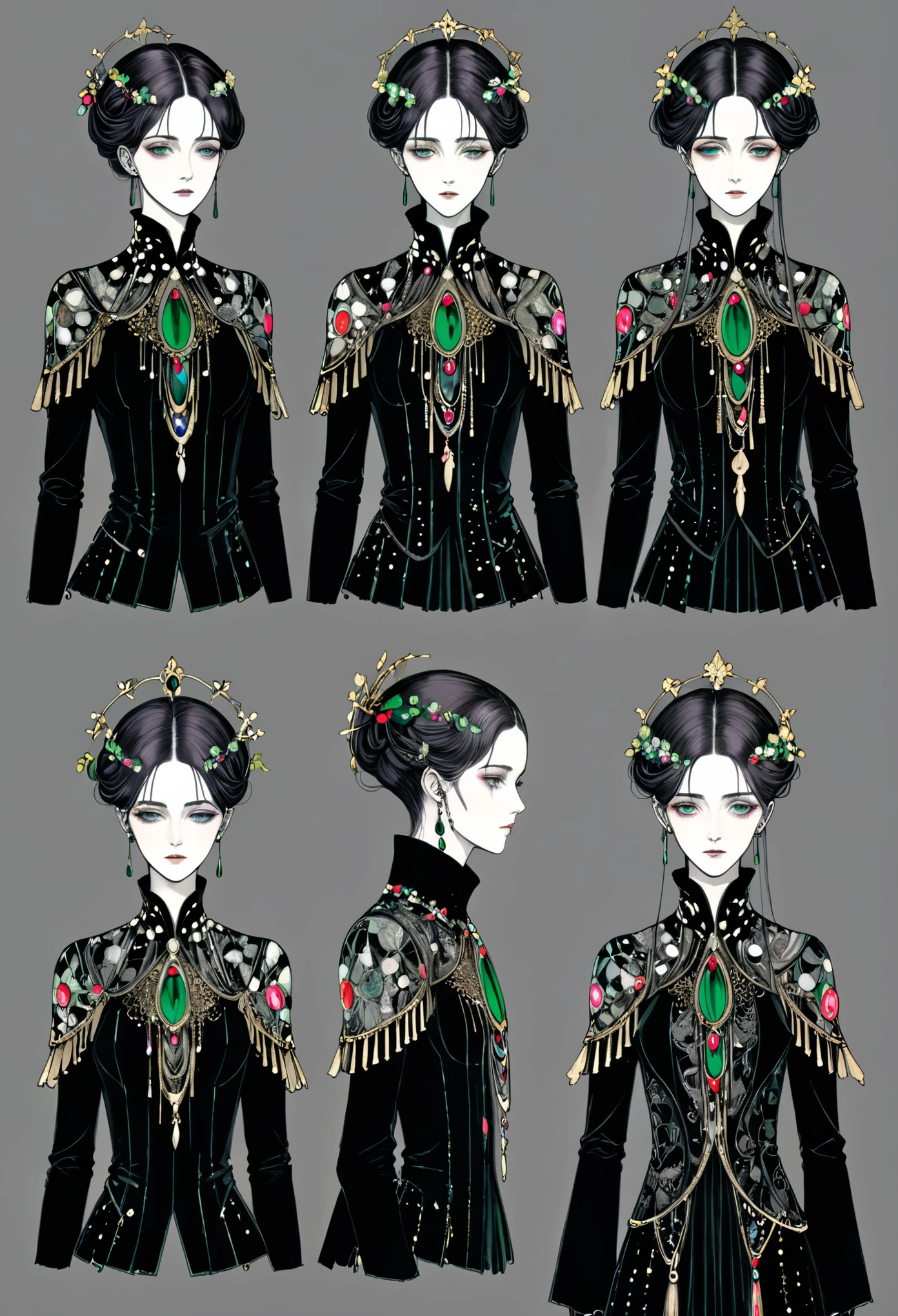 in style of Harry Clarke,character concept design,half body,multiple_views,