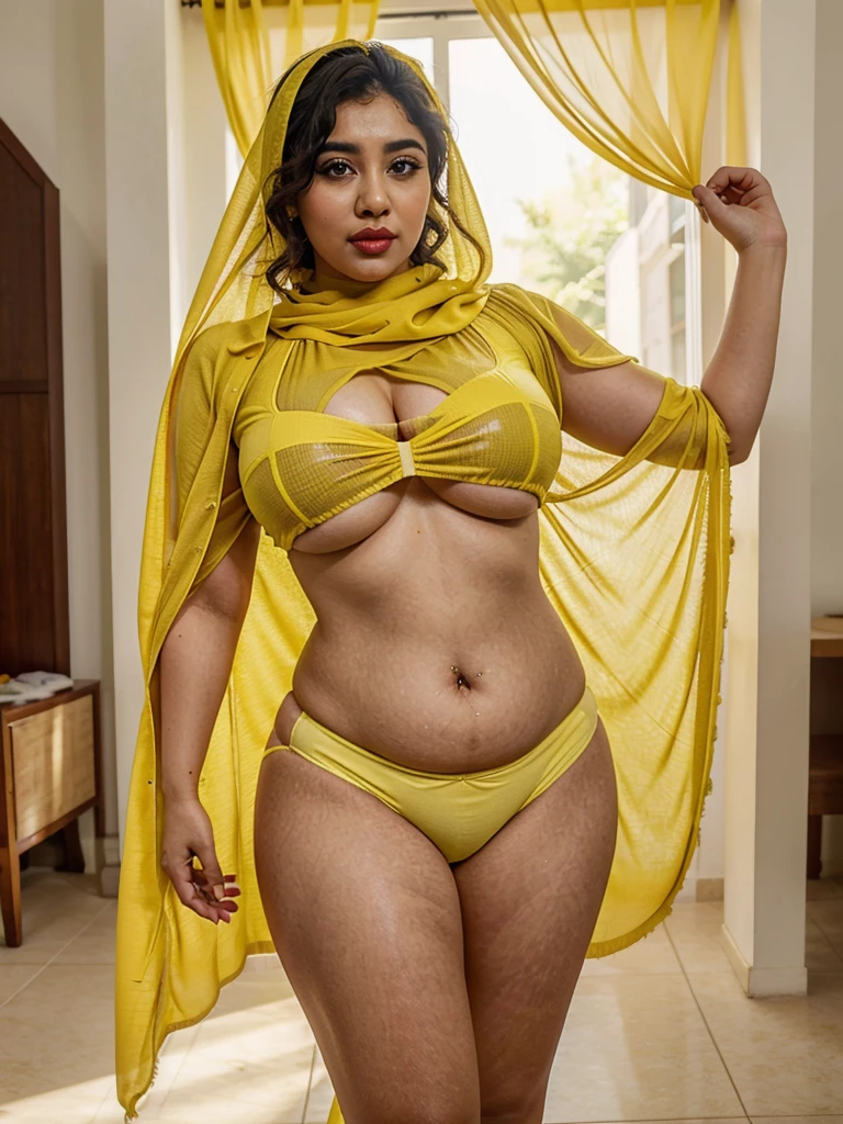 cute chubby Pakistani women wearing yellow hijab , big navel , big boobies , long curly hairs , slutty make up , dark eyeliner , red lips , full body shot , 8k resolution , realism , real , ultra real , photorealistic , cinematic day light ,
