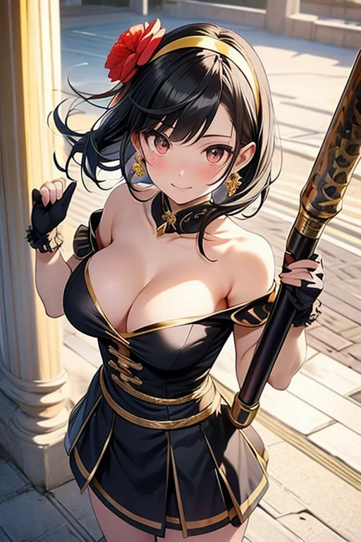 yor briar, anime style beutiful woman, 1girl, happy, smile, with sparkling eyes and a contagious smile:1.1),looking at viewer,red face, closed mouth, beautiful detailed eyes, super detailed skin, backlighting, bare shoulders, black background, black dress, black gloves, black hair, breasts, dress, earrings, fingerless gloves, floating hair, floral print, flower, gloves, gold earrings, gold hairband, hair flower, hair ornament, hairband, holding, holding weapon, jewelry, large breasts, long hair, looking at viewer, off-shoulder dress, off shoulder,red eyes, short hair with long locks, sidelocks, solo, spikes, thighs, two-sided dress, two-sided fabric, weapon, fighting stance , face, close up, from above, highest quality, high resolution.