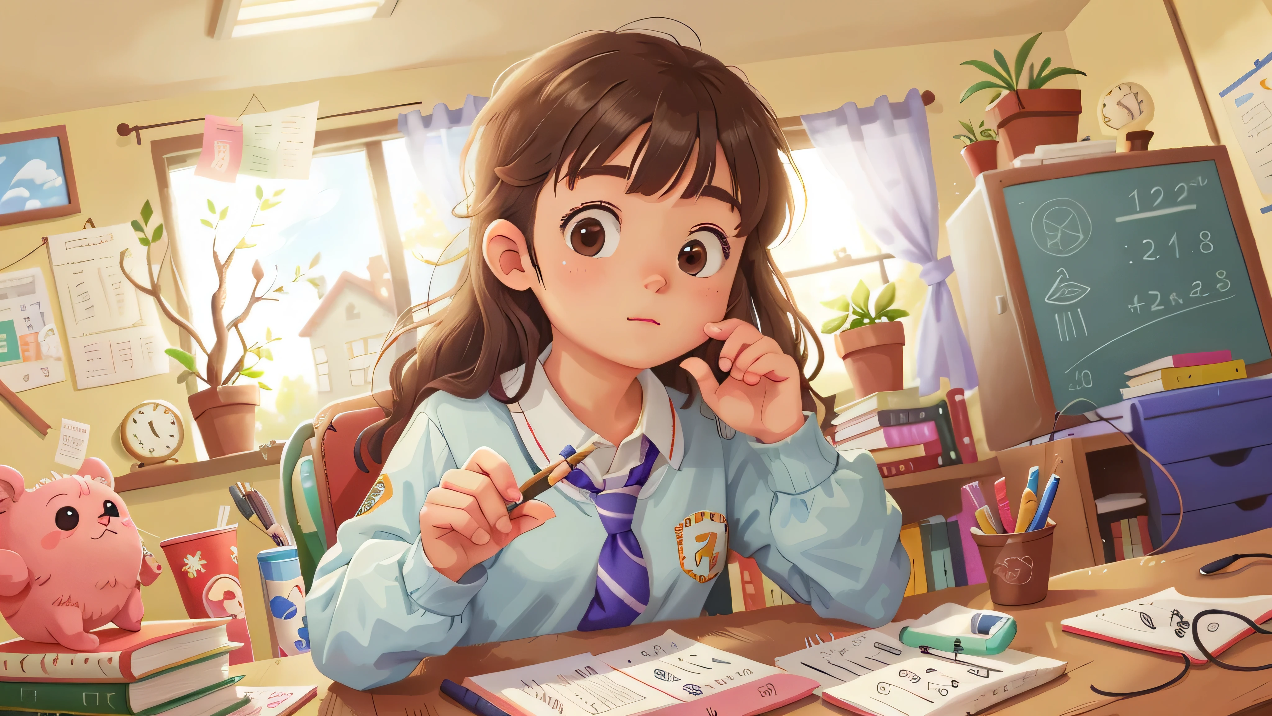 A high school student taking a class exam,Perfect quality,Clear focus(messy home:0.8),(masterpiece:1.2),(Realism:1.2)(Lenses),(Best quality),(Delicate skin:1.3),(Intricate details),(8K),(Clear focus)(The character is on the far right side of the screen)