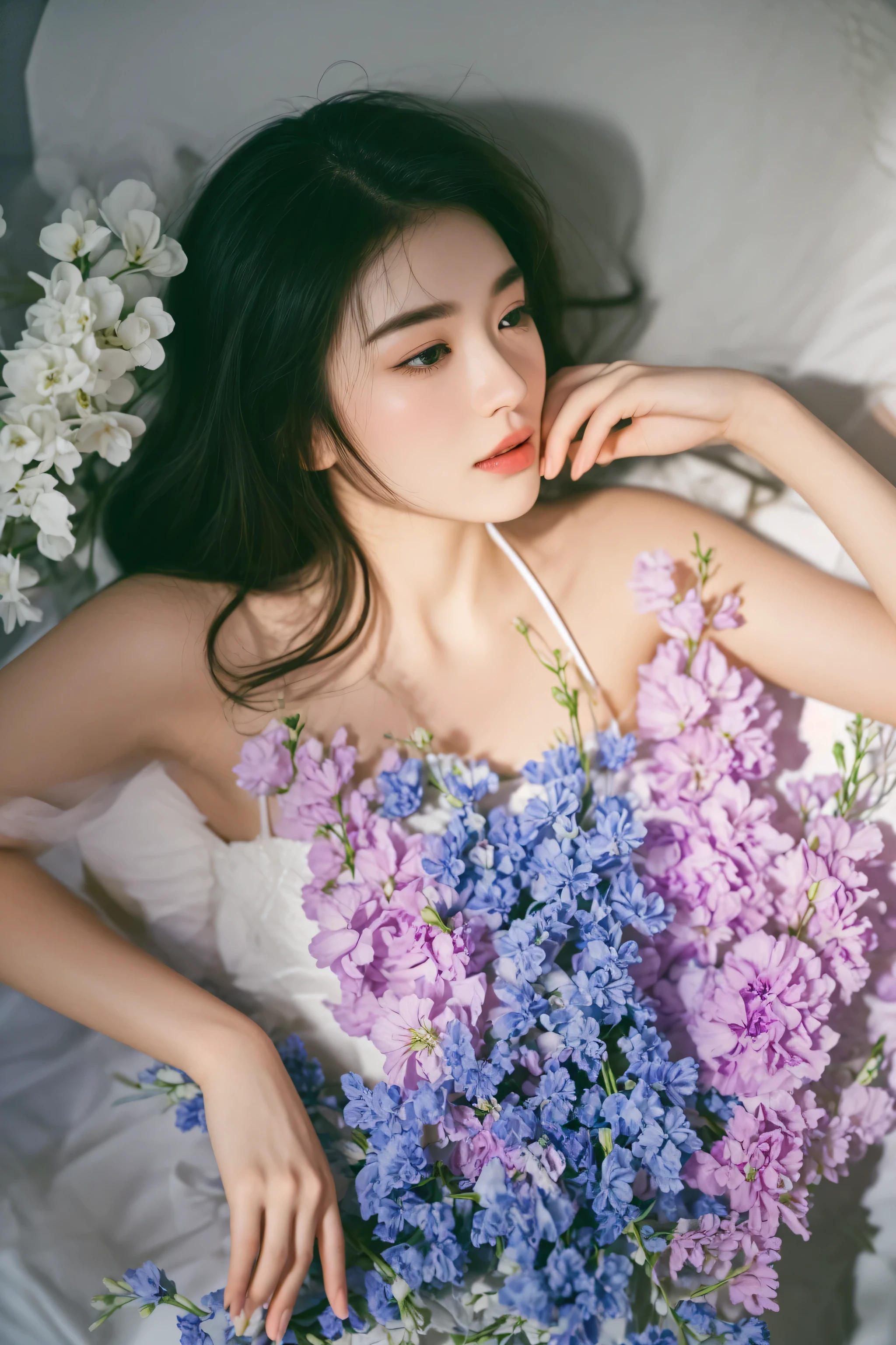 araffe woman in a white dress holding a bouquet of purple and white flowers, with flowers, with frozen flowers around her, girl in a bed of flowers, woman in flowers, flower, captured on canon eos r 6, girl in flowers, Ghost Festival, sitting with flowers, pastel, sha xi, floating in perfume