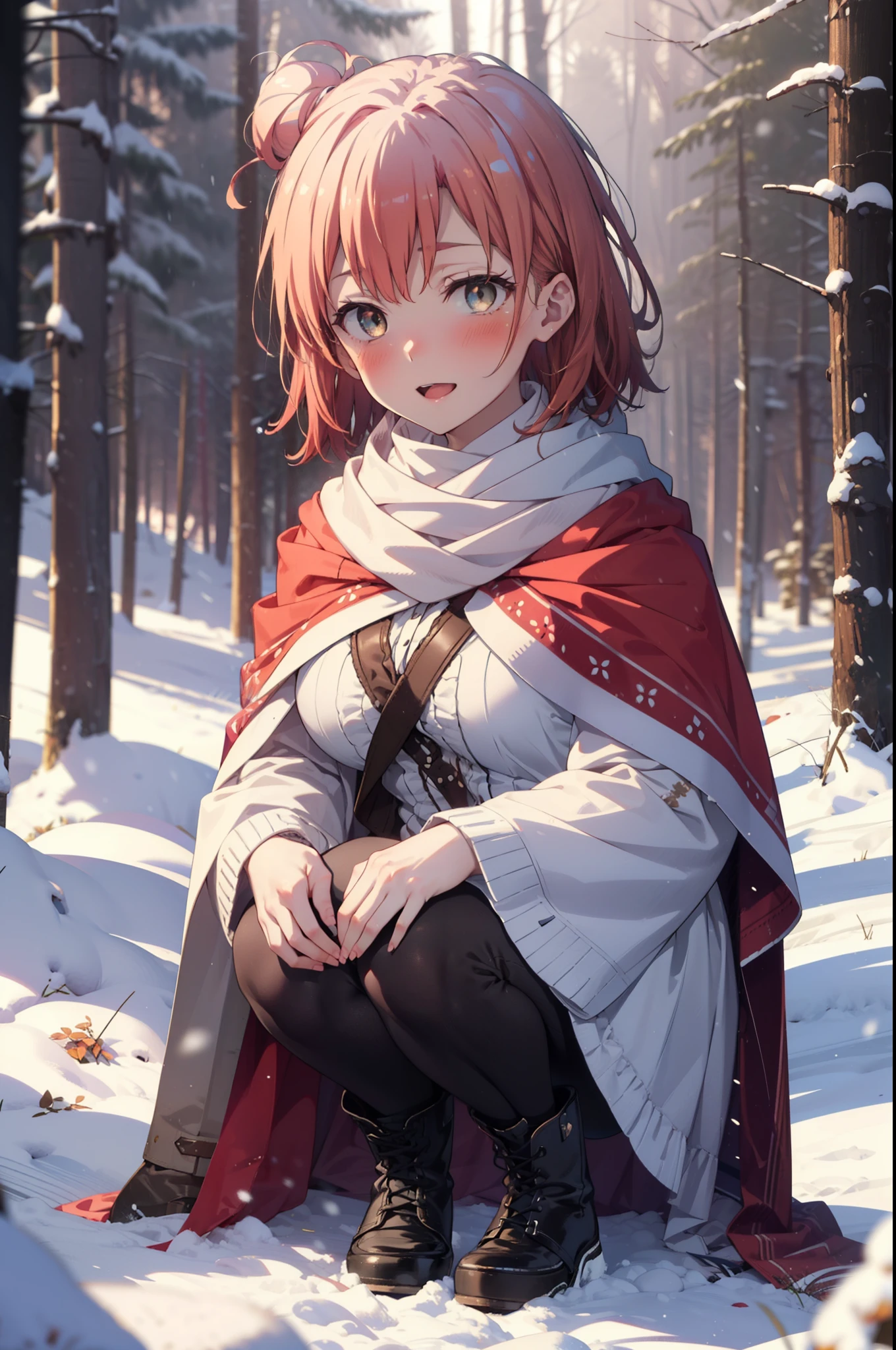 yuiyuigahama, yui yuigahama, short hair, (Brown eyes:1.5), (Pink Hair:1.2), Hair Bun, single Hair Bun, smile, (Big Breasts:1.2),smile,blush,White Breath,
Open your mouth,snow,Bonfire on the ground, Outdoor, boots, snowing, From the side, wood, suitcase, Cape, Blurred, forest, White handbag, nature,  Squat, Mouth closed,Cape, winter, Written boundary depth, Black shoes, red Cape break looking at viewer, Upper Body, whole body, break Outdoor, forest, nature, break (masterpiece:1.2), highest quality, High resolution, unity 8k wallpaper, (shape:0.8), (Beautiful and beautiful eyes:1.6), Highly detailed face, Perfect lighting, Highly detailed CG, (Perfect hands, Perfect Anatomy),