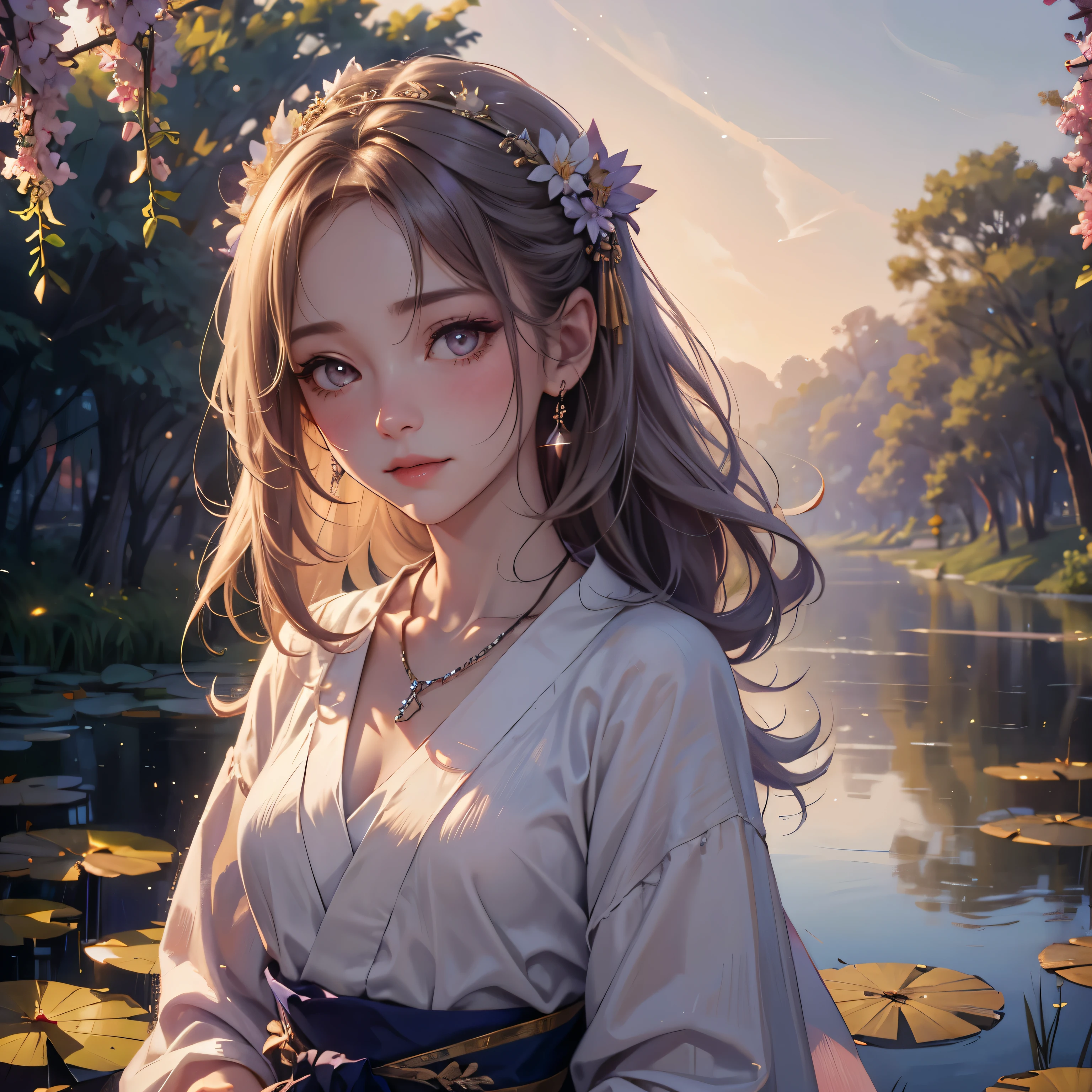 Superb Quality, Masterpiece, High Resolution, 1Girl, Blush, (Seductive Smile: 0.8), Star Pupil, Chinese Hanfu Lilac, Hair Accessories, Necklace, Jewelry, Beauty, on_body, Tyndall Effect, Realism, Lotus Pond, Light Edge, Two-tone Lighting, (High Detail Skin: 1.2), 8K UHD, DSLR, Soft Light, High Quality, Volume Lighting, Candid Photo, High Resolution, 4K, 8K, Background Bokeh