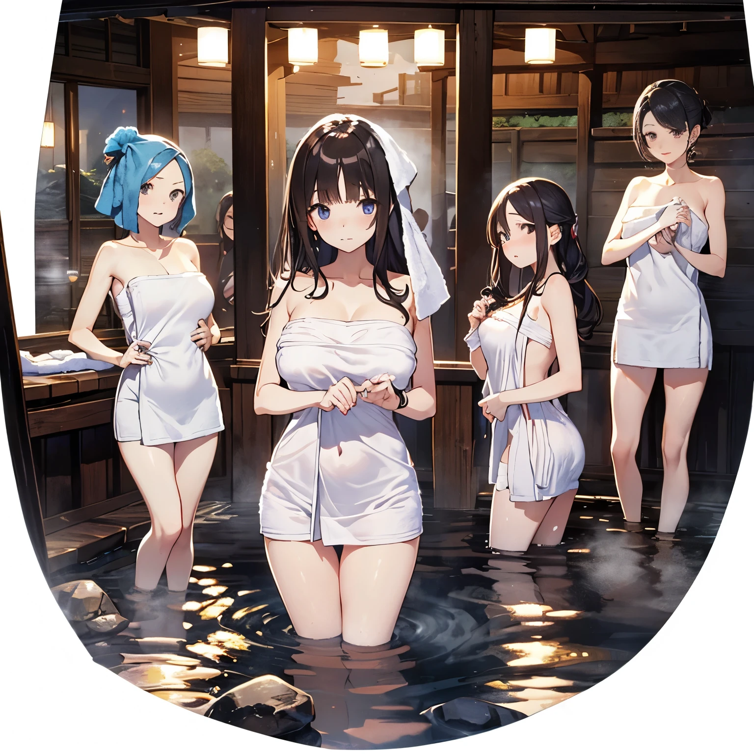 A group of women set in a medieval fantasy world、Dragon Quest、 (At the hot spring:1.5), Mr.々Hair style, Harem, night, Detailed aspect, Seduce, ((Transparent towel:1.5))、Huge Breasts、Big Ass、wide waist width、The nipples are erect、
