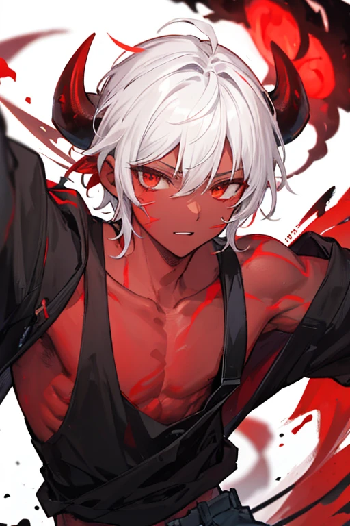 red skinned oni boy with cargo pants and a black tanktop, white hair, red skin, red horns, boy face