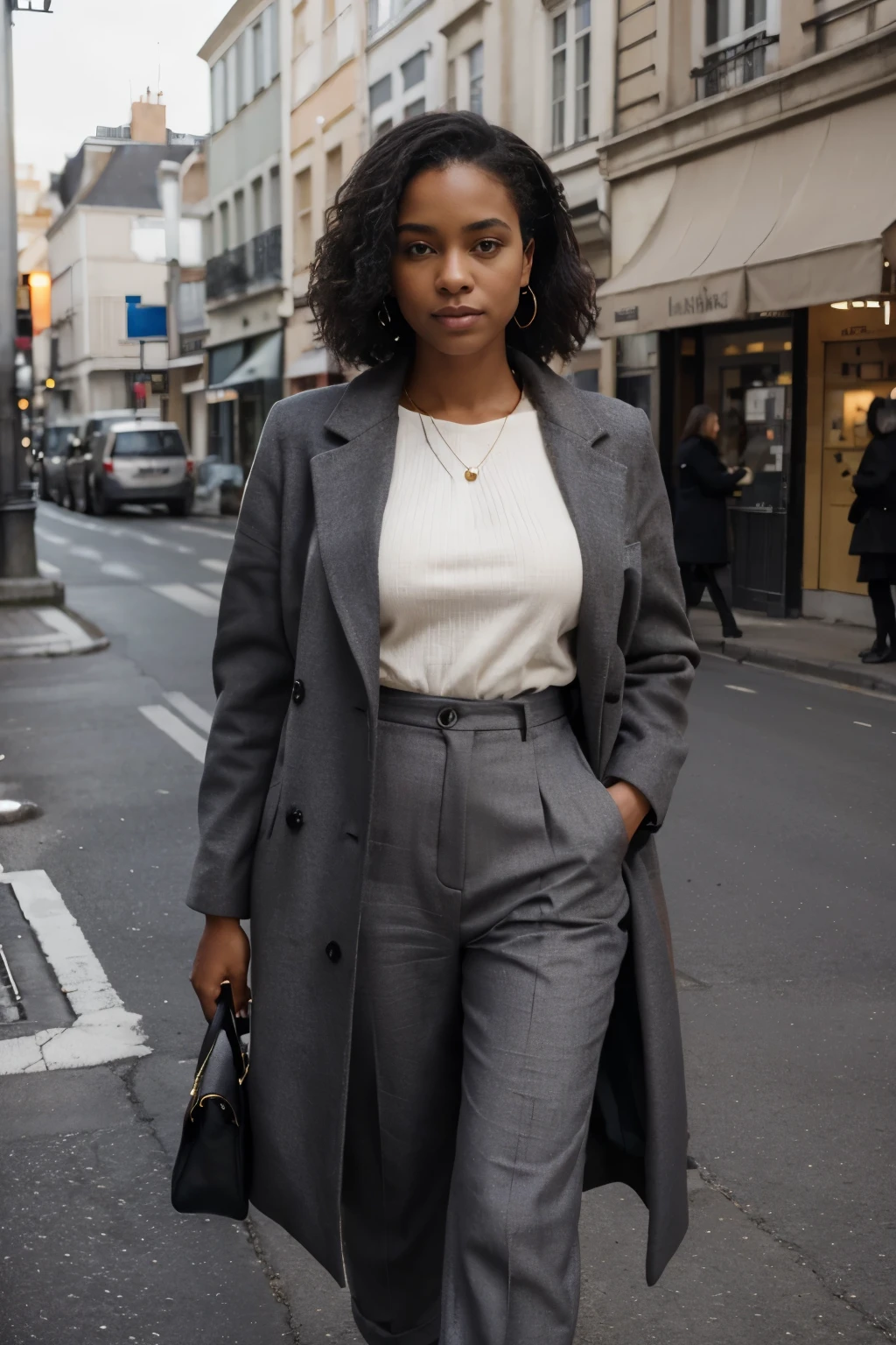 8k, la plus haute qualité, ultra details, Afro-American, Jeune femelle, gros seins bien couverts, la coiffure est longue et droite. She is standing at a pedestrian crossing on a city street. Elle porte du classique, des vêtements intemporels qui comprennent:
Un noir, double-breasted overcoat that falls below the knee, offrant une apparence sophistiquée et chaleureuse.
gros cul, pantalon de couleur claire, possibly a cream or light gray, raccourci au-dessus de la cheville.
noir, flat mules that complete the overcoat.
Un simple, dark crossbody bag carried on one's shoulder.
Une écharpe de couleur claire nouée autour de son cou, providing contrast with the dark coat.
His posture is relaxed but confident, with one leg slightly in front'autre comme si elle s'was stopped mid-step. Elle regarde directement vers la caméra avec un calme, expression neutre.
Le fond suggère un environnement urbain, probablement dans une ville européenne, judging by the'architecture. The buildings are of classical construction with stone facades and large windows. The corner of the building forms a backdrop just behind her, presenting a rounded corner typical of the'architecture parisienne. Il y a un autre piéton au loin, give the scene a sense of life. L'image est en noir et blanc, which adds to the timeless character of the scene.