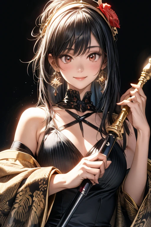  yor briar, anime style beutiful woman, 1girl, happy, smile, with sparkling eyes and a contagious smile:1.1),looking at viewer,red face, closed mouth, beautiful detailed eyes, super detailed skin, backlighting, bare shoulders, black background, black dress, black gloves, black hair, breasts, dress, earrings, fingerless gloves, floating hair, floral print, flower, gloves, gold earrings, gold hairband, hair flower, hair ornament, hairband, holding, holding weapon, jewelry, large breasts, long hair, looking at viewer, off-shoulder dress, off shoulder,red eyes, short hair with long locks, sidelocks, solo, spikes, thighs, two-sided dress, two-sided fabric, weapon, fighting stance , face, close up, from above, highest quality, high resolution. 