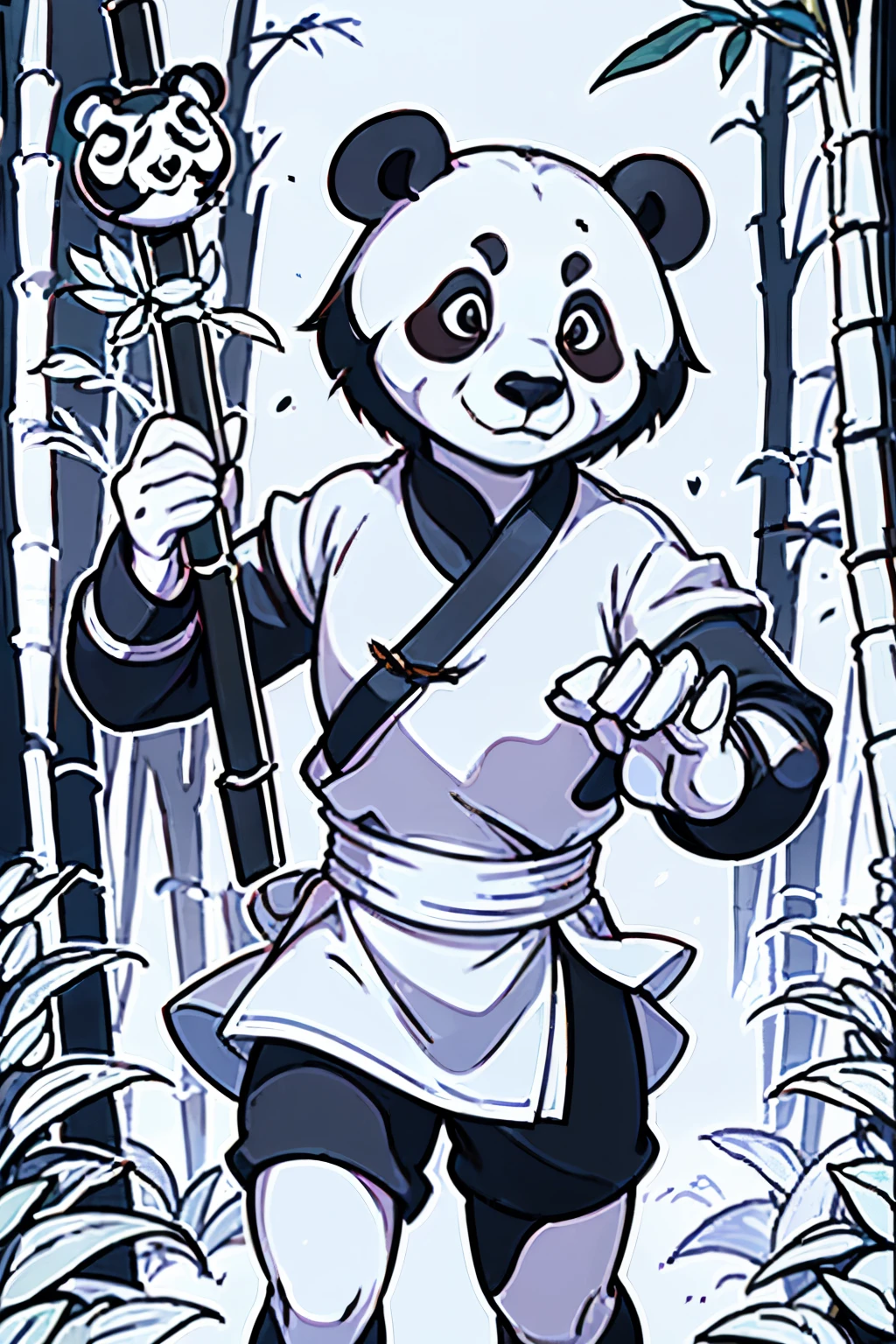 Masterpiece, coloring-book, lineart, perfect lineart, comic style, Kungfu panda-bear holding bamboo staff