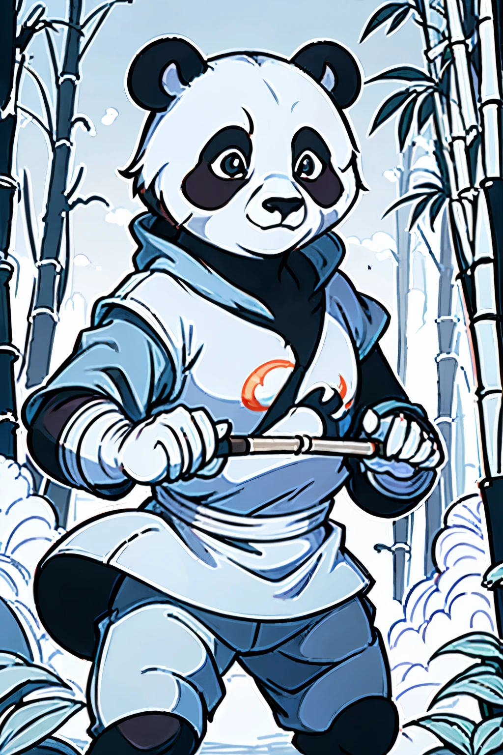 Masterpiece, coloring-book, lineart, perfect lineart, comic style, Kungfu panda-bear holding bamboo staff