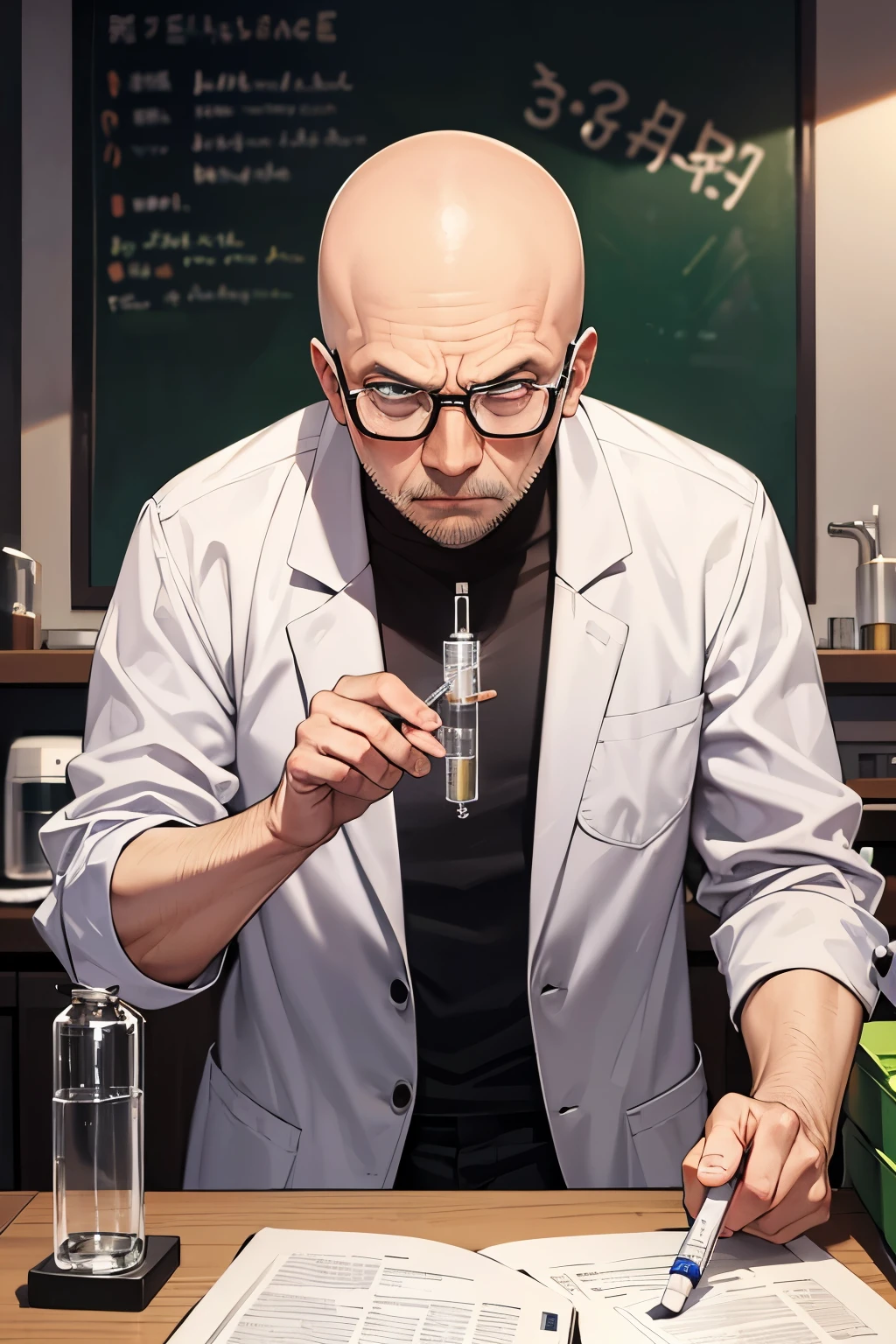 whitebeard,elder,Skinhead,Glasses,Serious face,Wrinkles,white,Holding a syringe,Science Lab,