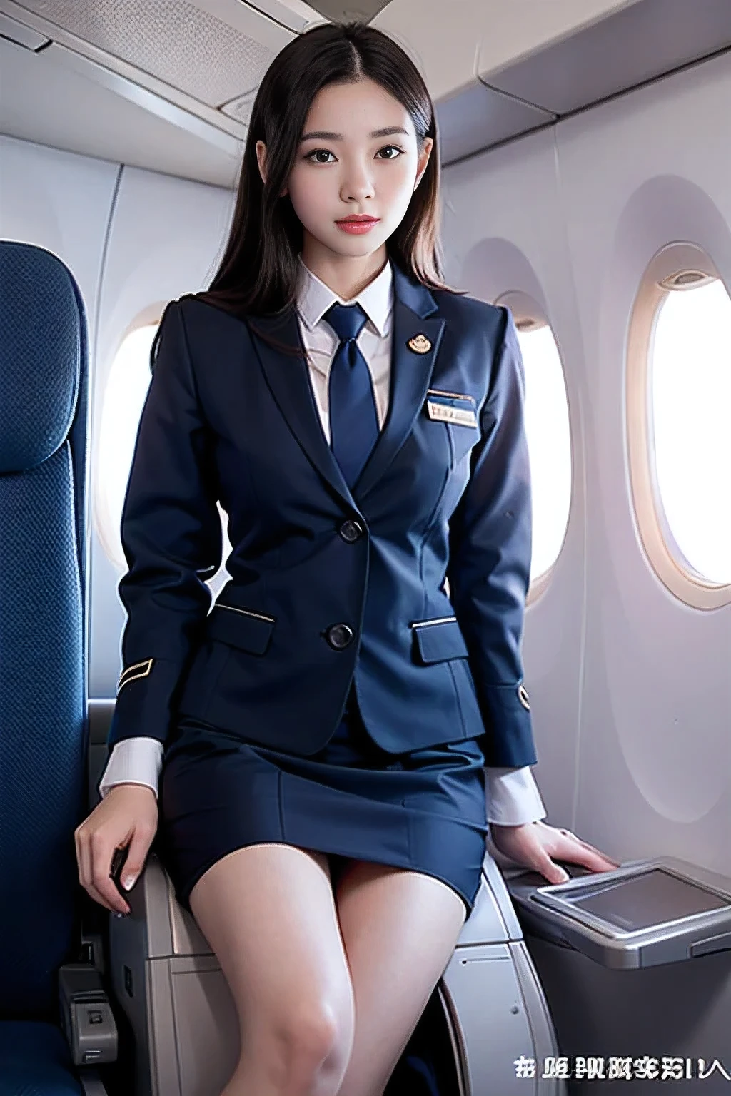 Top Quality, Masterpiece, 8K, Ultra High Definition, (Photorealistic: 1.4), 1 Girl, Beautiful Face, Symmetrical Eyes, Big, Perfect Body Proportions, Stewardess Uniform, Viewer's Look, (Inside the Airplane: 1.2), Front View, Shoulder Jump, Absolute Area (1.3),