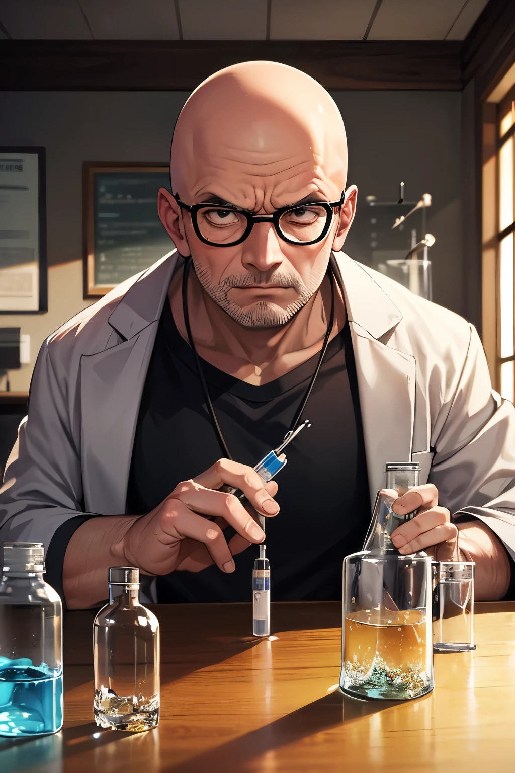 whitebeard,elder,Skinhead,Glasses,Serious face,Wrinkles,white,Holding a syringe,Science Lab,