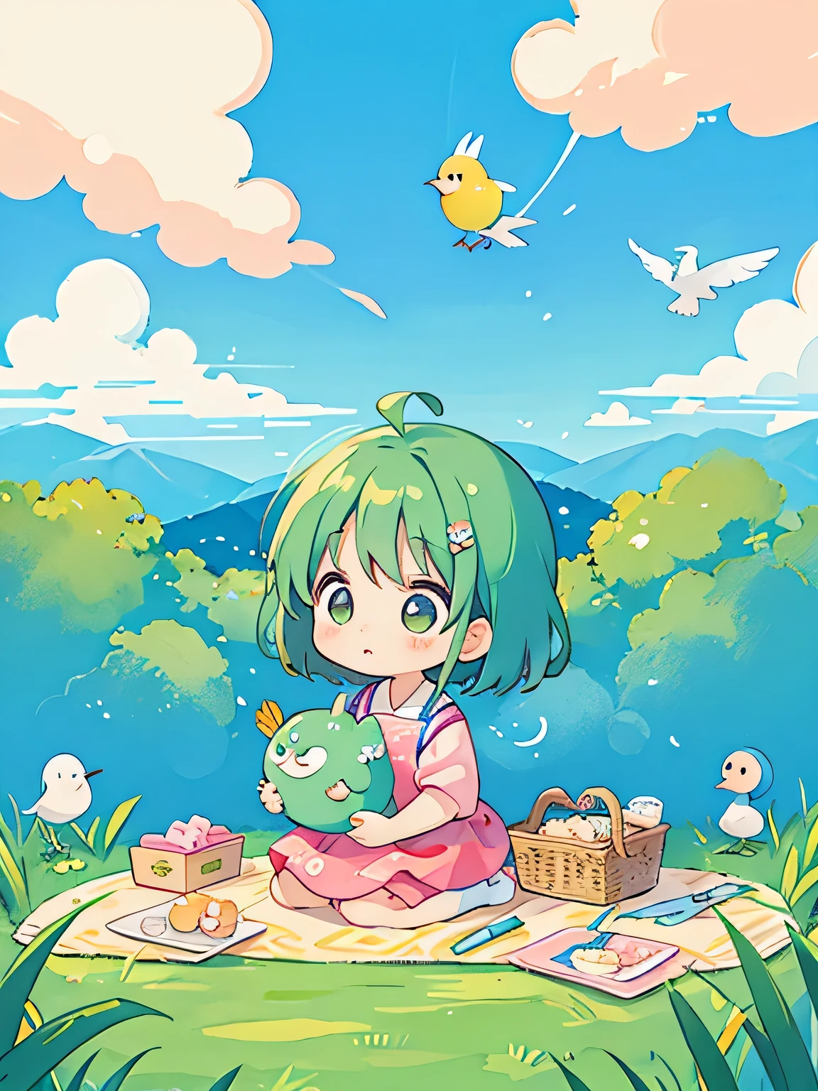 Fujio Akatsuka Style, Kawaii Design, most beautiful girl ever、Chibi, birdie、picnic、on the cloud