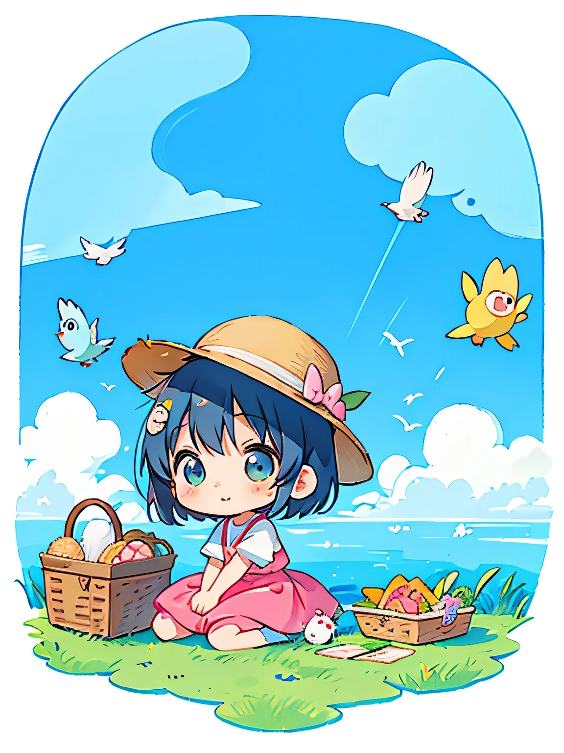 Fujio Akatsuka Style, Kawaii Design, most beautiful girl ever、Chibi, birdie、picnic、on the cloud