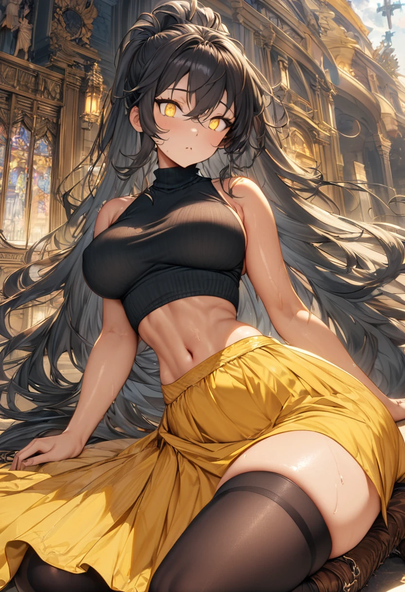 (multicolor black hair and gold stripe wild long hair with volume and high messy ponytail), (black hair: 1.3), (gold hair: 1.2), (black shoulder less sweater: 1.5), (black thigh high stockings: 1.3), (light brown leather boots), (yellow long skirt: 1.3), (divine), (voluptuous), (goddess), (midriff, navel), (athletic body), (slim thighs), (thin waist), (perfect hip), (broad shoulders), (soft saggy supple breasts), (((golden eyes, constricted irises, shrunken pupil, cross eyed, wide open eyes, large eyes))), (masterpiece), (sweaty), (highly detailed), (sleeping sideways with arms crossed on floor), (((surprised expression: 1.2))), (view from front), (full body view), (((tanned skin))), (solo female)