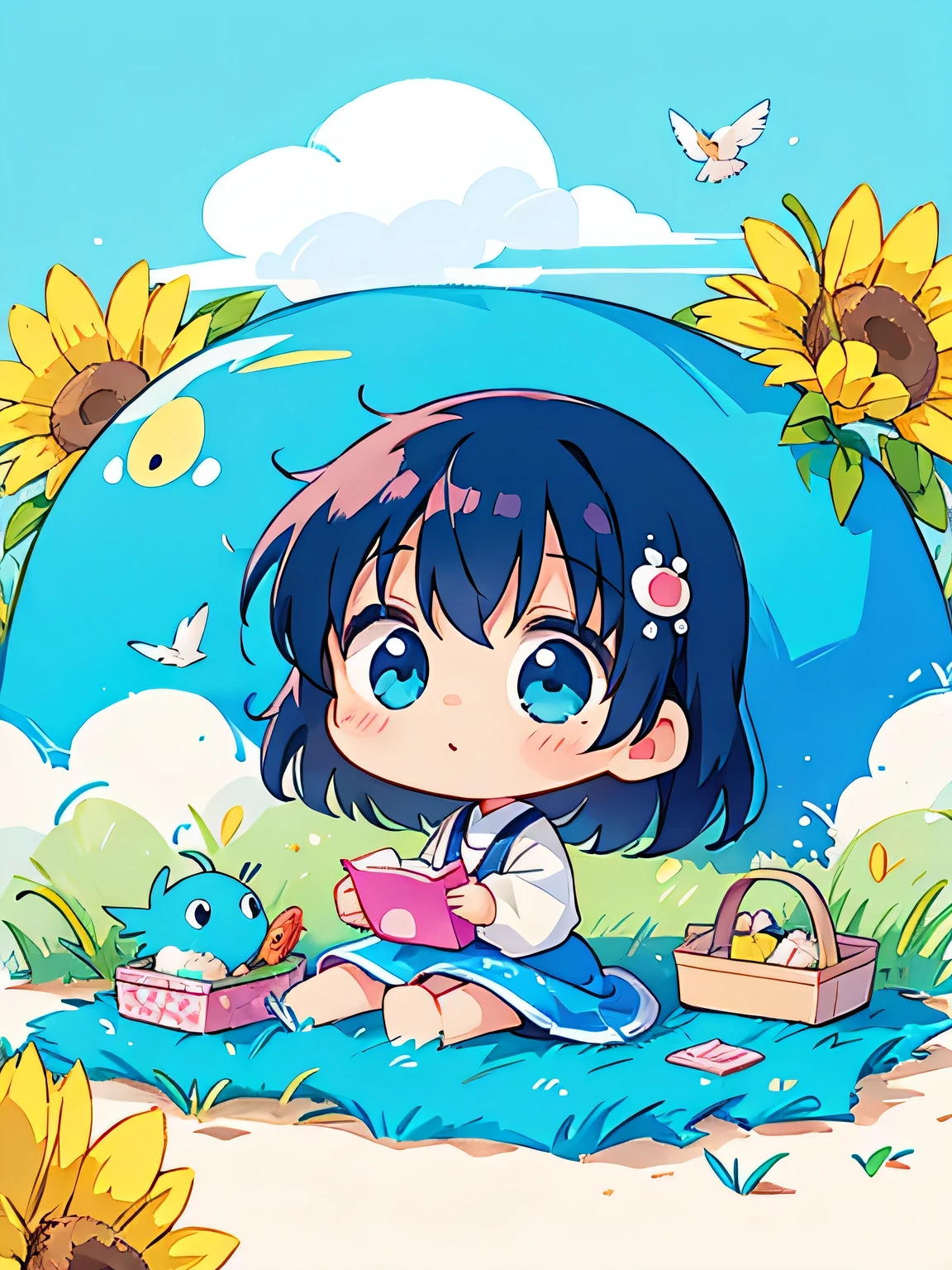 Fujio Akatsuka Style, Kawaii Design, most beautiful girl ever、Chibi, birdie、picnic、on the cloud