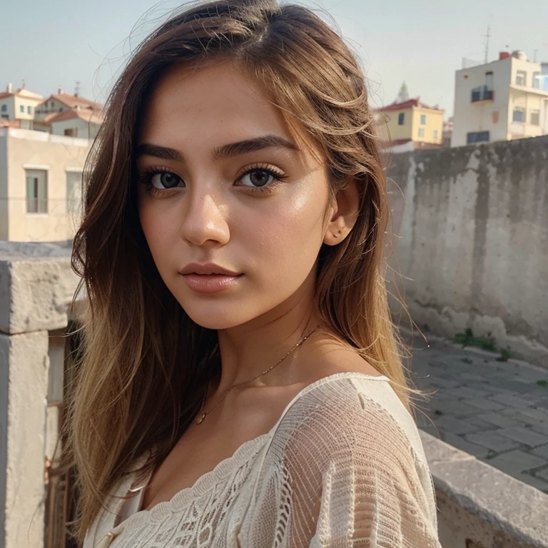 Create a profile for Instagram for a beautiful Turkish girl with blonde hair and brown eyes, and get a beautiful view and an aesthetic photo in the background.