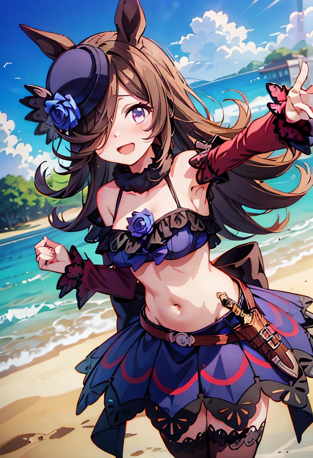 Anime illustration、highest quality、Sandy Beach、Image Video、Voluptuous gravure idol、Perfect proportions、bikini、Overwhelmingly large breasts、Very thick legs、Beautiful, shining eyes、Blushing、smile、Cowboy Shot