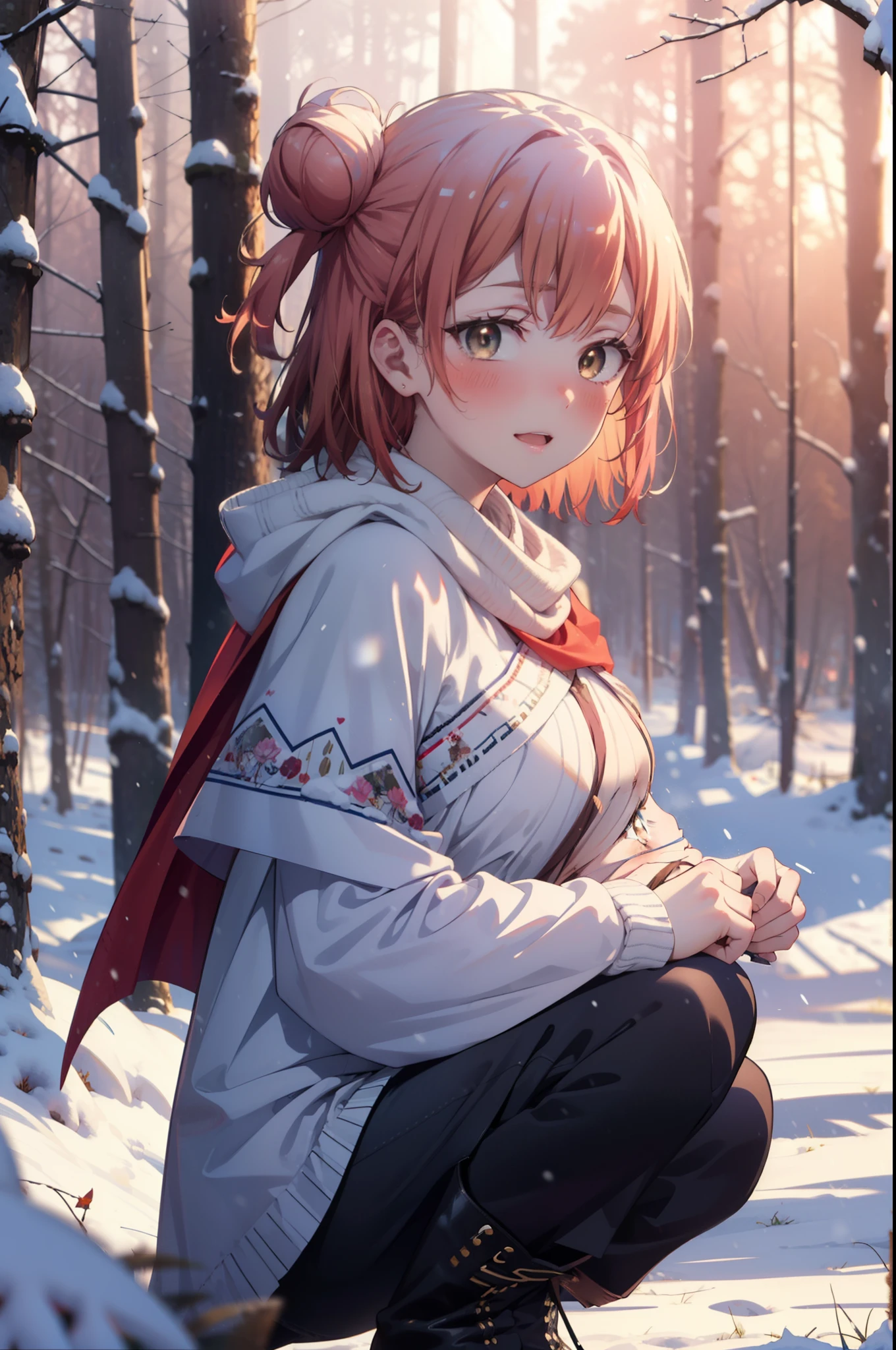 yuiyuigahama, yui yuigahama, short hair, (Brown eyes:1.5), (Pink Hair:1.2), Hair Bun, single Hair Bun, smile, (Big Breasts:1.2),smile,blush,White Breath,
Open your mouth,snow,Bonfire on the ground, Outdoor, boots, snowing, From the side, wood, suitcase, Cape, Blurred, forest, White handbag, nature, Squat, Mouth closed,Cape, winter, Written boundary depth, Black shoes, red Cape break looking at viewer, Upper Body, whole body, break Outdoor, forest, nature, break (masterpiece:1.2), highest quality, High resolution, unity 8k wallpaper, (shape:0.8), (Beautiful and beautiful eyes:1.6), Highly detailed face, Perfect lighting, Highly detailed CG, (Perfect hands, Perfect Anatomy),