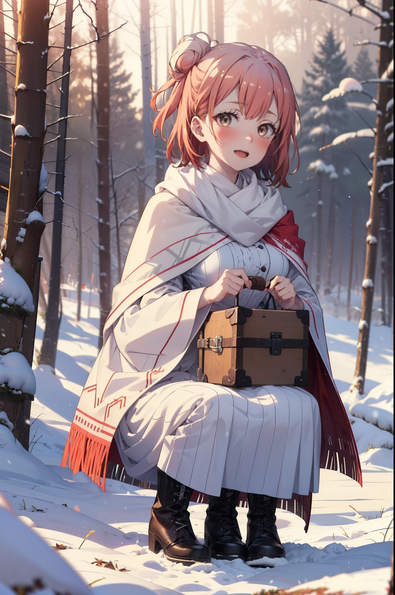 yuiyuigahama, yui yuigahama, short hair, (Brown eyes:1.5), (Pink Hair:1.2), Hair Bun, single Hair Bun, smile, (Big Breasts:1.2),smile,blush,White Breath,
Open your mouth,snow,Bonfire on the ground, Outdoor, boots, snowing, From the side, wood, suitcase, Cape, Blurred, forest, White handbag, nature, Squat, Mouth closed,Cape, winter, Written boundary depth, Black shoes, red Cape break looking at viewer, Upper Body, whole body, break Outdoor, forest, nature, break (masterpiece:1.2), highest quality, High resolution, unity 8k wallpaper, (shape:0.8), (Beautiful and beautiful eyes:1.6), Highly detailed face, Perfect lighting, Highly detailed CG, (Perfect hands, Perfect Anatomy),
