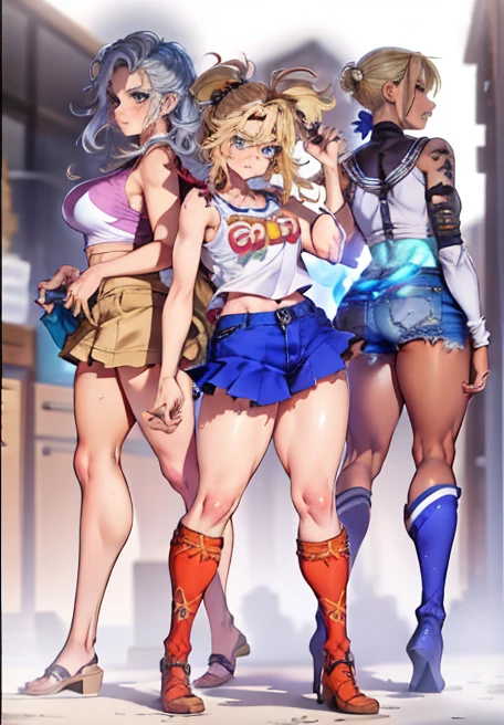 3 girls (((3 girls))), blue eyes, blonde hair, ruined makeup, (extremely detailed CG unity 4k wallpaper),(masterpiece),(best quality),(ultra-detailed),(best illustration),(best shadow),(absurdres),(detailed background), Trailer park trash, Short blonde hair (unkempt and messy), Croptop tank top (dirty), denim short skirt (dirty), Cowgirl boots, drunk angry expression, Standing Aggressive pose,