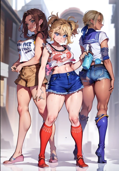 3 girls (((3 girls))), blue eyes, blonde hair, ruined makeup, (extremely detailed CG unity 4k wallpaper),(masterpiece),(best quality),(ultra-detailed),(best illustration),(best shadow),(absurdres),(detailed background), Trailer park trash, Short blonde hair (unkempt and messy), Croptop tank top (), denim short skirt (), Cowgirl boots, drunk angry expression, Standing Aggressive pose,