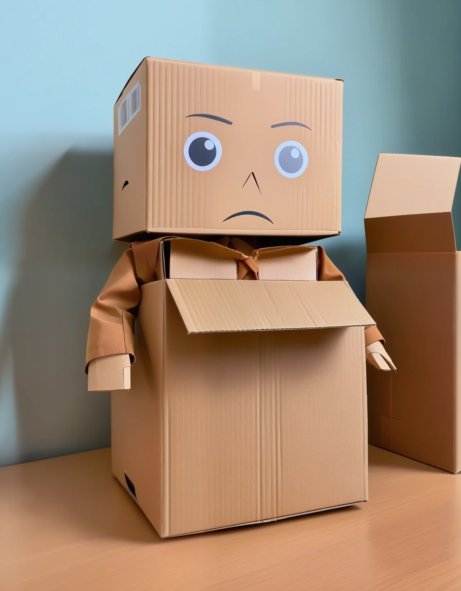 Animated doll with a cardboard box head with a serious expression and brown clothes posing