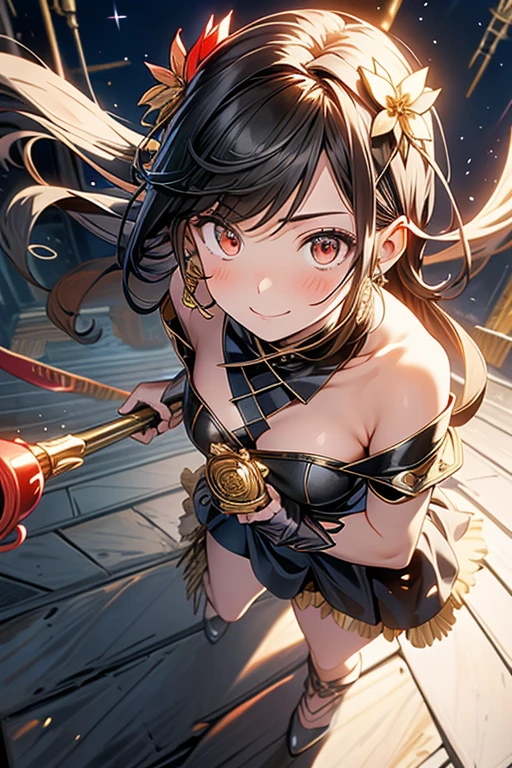 yor briar, anime style beutiful woman, 1girl, happy, smile, with sparkling eyes and a contagious smile:1.1),looking at viewer,red face, closed mouth, beautiful detailed eyes, super detailed skin, backlighting, bare shoulders, black background, black dress, black gloves, black hair, breasts, dress, earrings, fingerless gloves, floating hair, floral print, flower, gloves, gold earrings, gold hairband, hair flower, hair ornament, hairband, holding, holding weapon, jewelry, large breasts, long hair, looking at viewer, off-shoulder dress, off shoulder,red eyes, short hair with long locks, sidelocks, solo, spikes, thighs, two-sided dress, two-sided fabric, weapon, fighting stance , face, close up, from above, highest quality, high resolution.