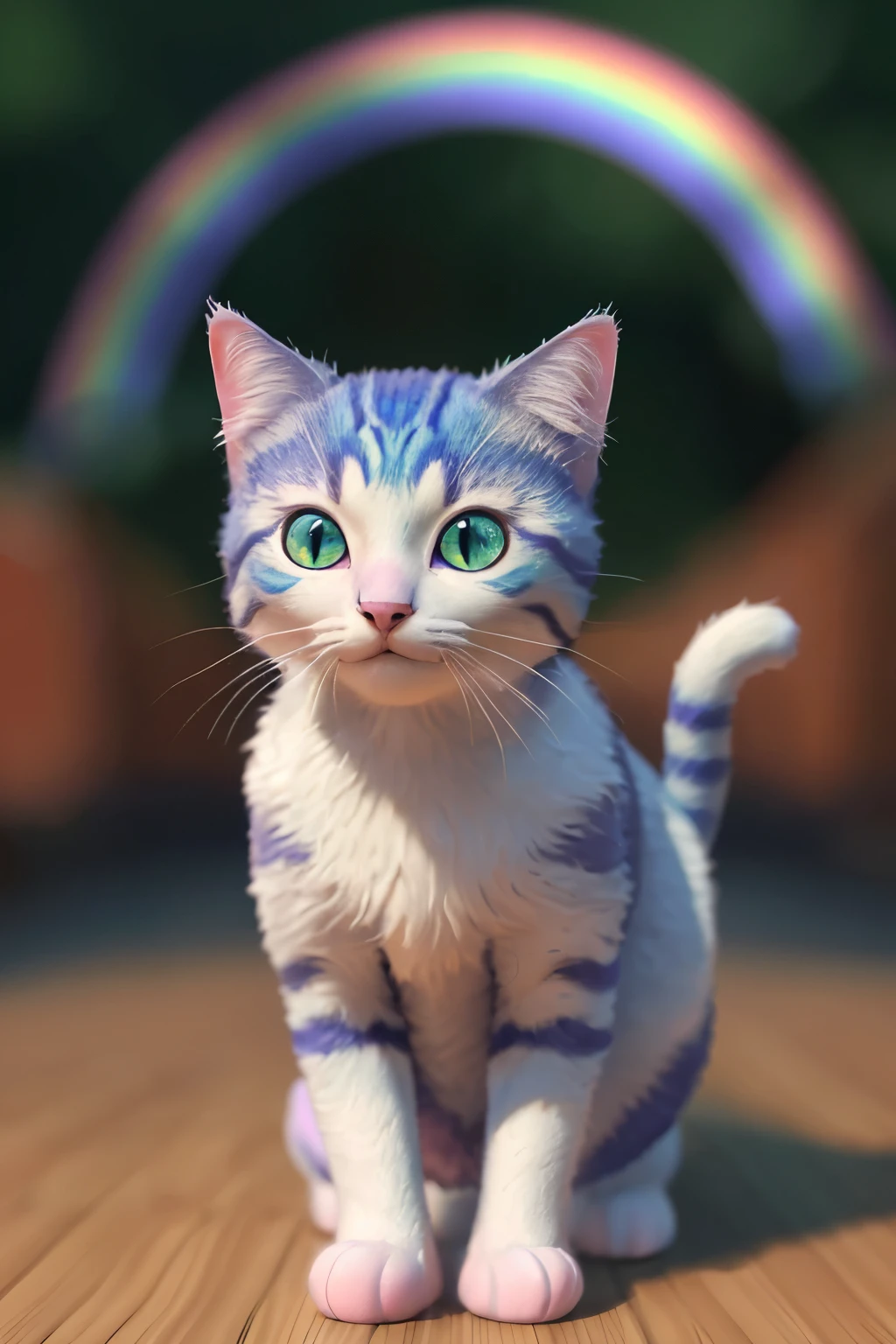 masterpiece, high quality, A Rainbow cat, disney, 3D, cute, looking at the viewer, no humans, clean background, depth of field, blurred background, focus, wuma, 3d stely