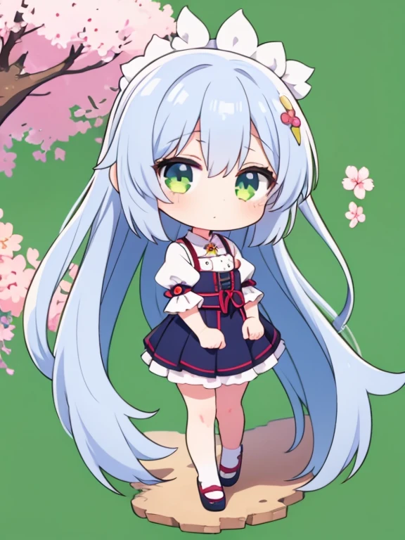 1girl,chibi,full body,green background,cherryblossom