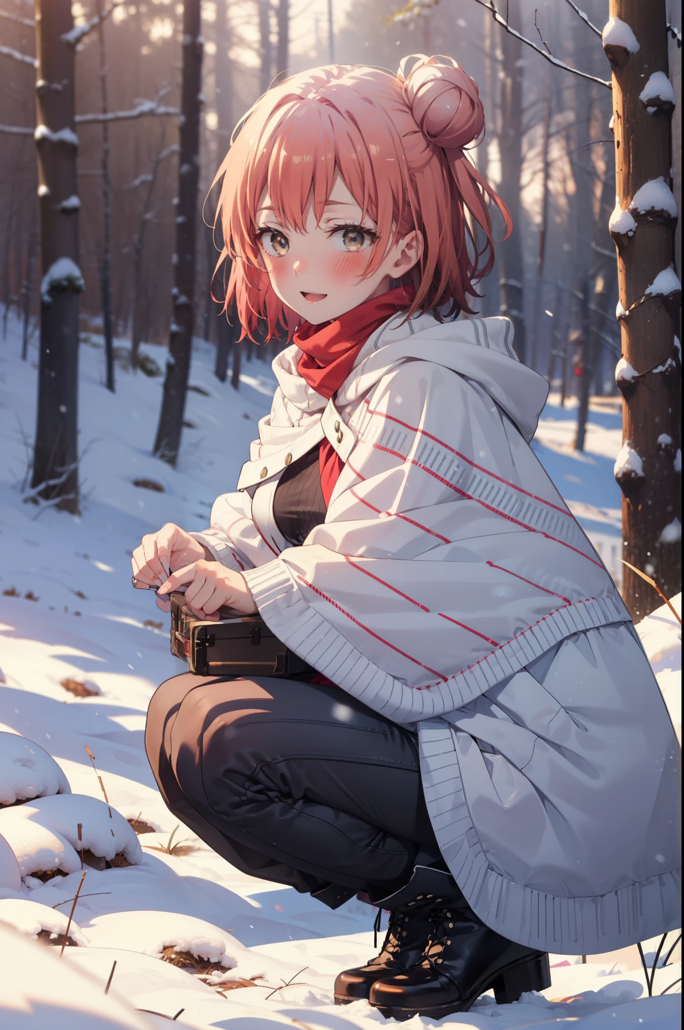 yuiyuigahama, yui yuigahama, short hair, (Brown eyes:1.5), (Pink Hair:1.2), Hair Bun, single Hair Bun, smile, (Big Breasts:1.2),smile,blush,White Breath,
Open your mouth,snow,Bonfire on the ground, Outdoor, boots, snowing, From the side, wood, suitcase, Cape, Blurred, forest, White handbag, nature, Squat, Mouth closed,Cape, winter, Written boundary depth, Black shoes, red Cape break looking at viewer, Upper Body, whole body, break Outdoor, forest, nature, break (masterpiece:1.2), highest quality, High resolution, unity 8k wallpaper, (shape:0.8), (Beautiful and beautiful eyes:1.6), Highly detailed face, Perfect lighting, Highly detailed CG, (Perfect hands, Perfect Anatomy),