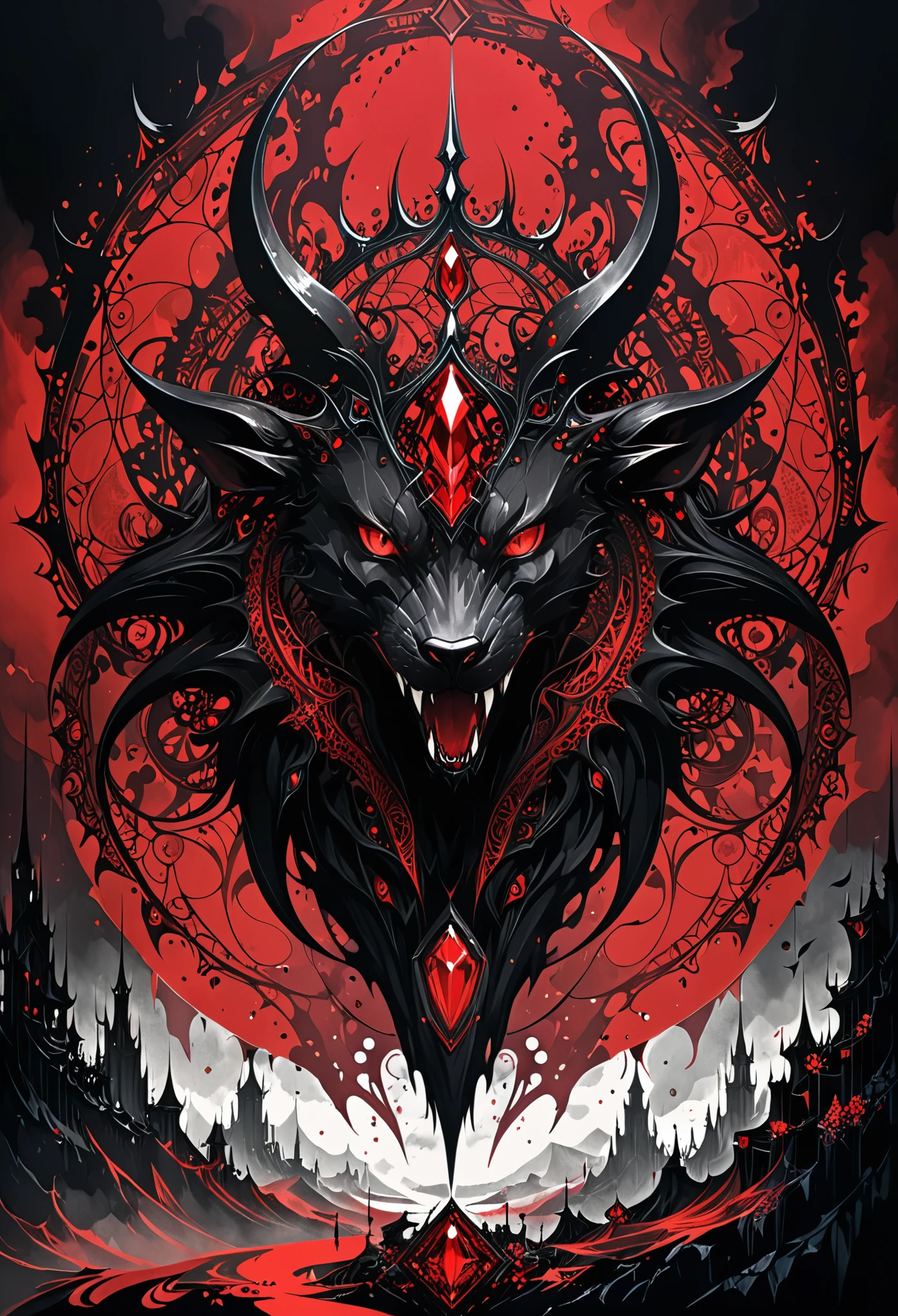 in style of Harry Clarke,(Mysterious Landscape),[suspenseful],Fantasy,Dark,shadowy,atmospheric,dark colors,(A miracle stone showing modern technological patterns),(demon crown:1.3),(the king of dangerous beasts:1.2),(transformed by future technology:1.2),(red dark red color palette:1.2),(fractal art:0.9),

