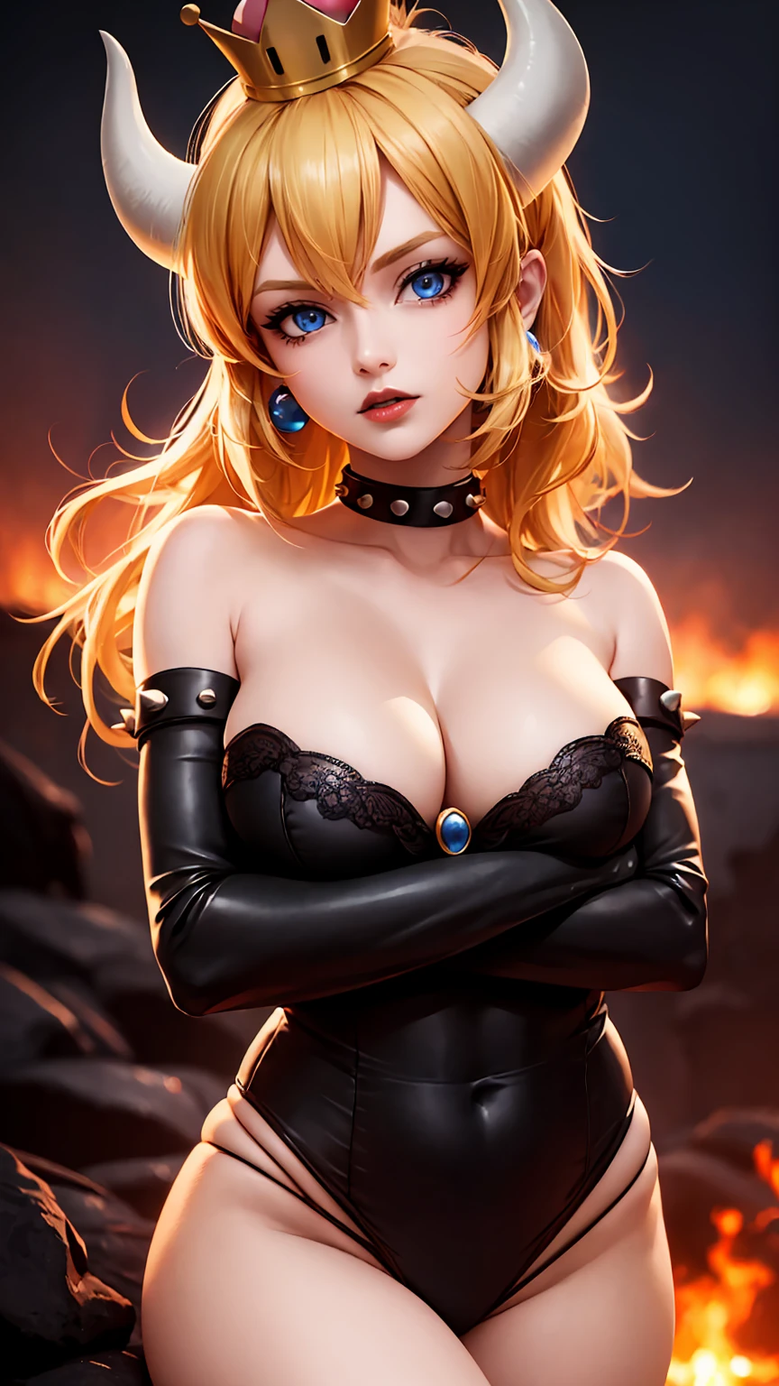 ((high detailed, best quality, 4k, masterpiece, hd:1.3)), ((best quality)), (((HD))), (((8k))), (ultraDH), (ultra HD), Princess Daisy, blue eyes, BREAK blue eyes, seductive, attractive, smooth anime cg art, 36C breasts, long legs, vivid colors, detailed digital art, slim body, perfect skin, dark blonde hair, long hair, blonde hair, blonde hair, BREAK crown, cleavage, 36C cleavage, looking at viewer, BREAK looking at viewer, extremely detailed face, red santa suit, red santa claus suit, santa claus suit, earrings, gem, dark black makeup lips, dark gothic eyeshadows, dark eyeshadows, black eyeshadows, black sexy lips, black lips, (dark:1.2), dark lips, very dark lips, (perfect hands, perfect anatomy), black makeup, black medium lips, black thick lips, detailed fingers, five fingers per hand, 5 fingers, (1 girl), detailed lips, detailed black lips, black painted lips, gothic painted lips, BREAK night, night sky, (breast focus), (arms outstreched:1.2), (from above:1.1), (breasts out:1.3), (off shoulder:1.1), (white horns), (bra), inside a lava castle, she inside a sea of lava, she bathing in lava,