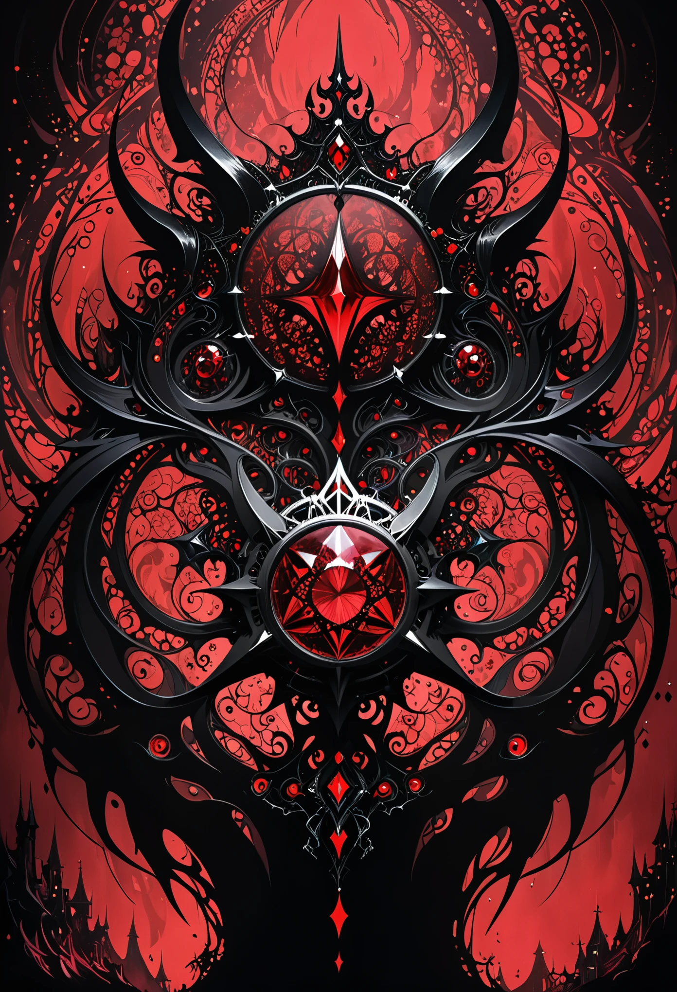 in style of Harry Clarke,(Mysterious Landscape),[suspenseful],Fantasy,Dark,shadowy,atmospheric,dark colors,(A miracle stone showing modern technological patterns),(demon crown:1.3),(the king of dangerous beasts:1.2),(transformed by future technology:1.2),(red dark red color palette:1.2),(fractal art:0.9),


