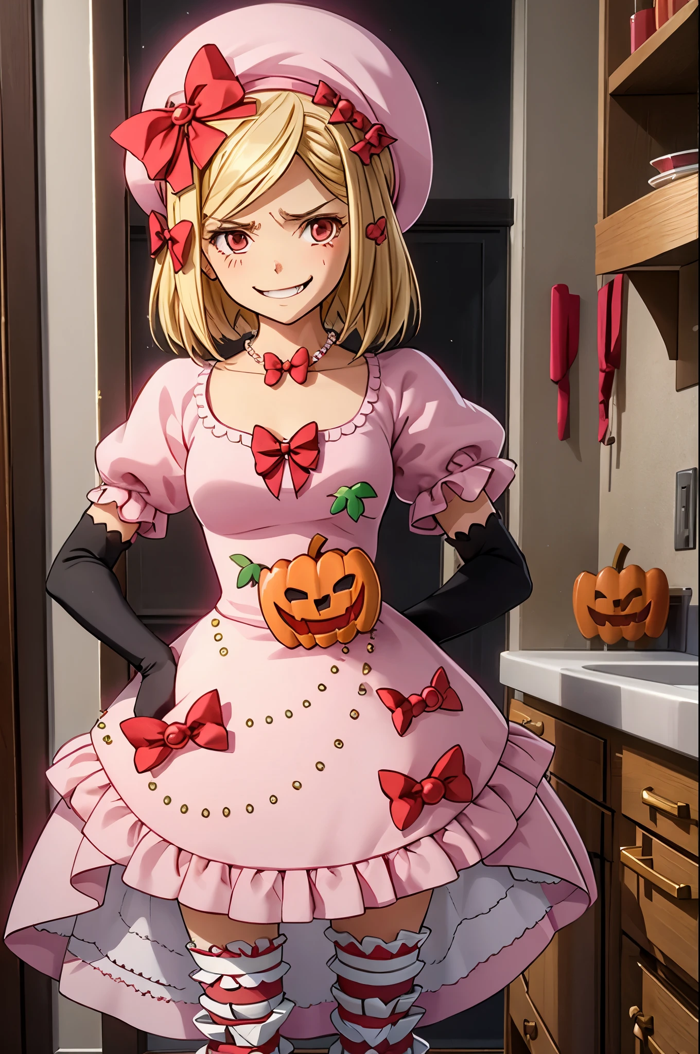 Lambdadelta, dress, bow, red shoes, striped stockings, red bow, pink hat, necklace, gloves, pearl, pumpkin standing ballroom, looking at viewer, cleavage, evil smile, holding kitchen knife, blood, mean look, 