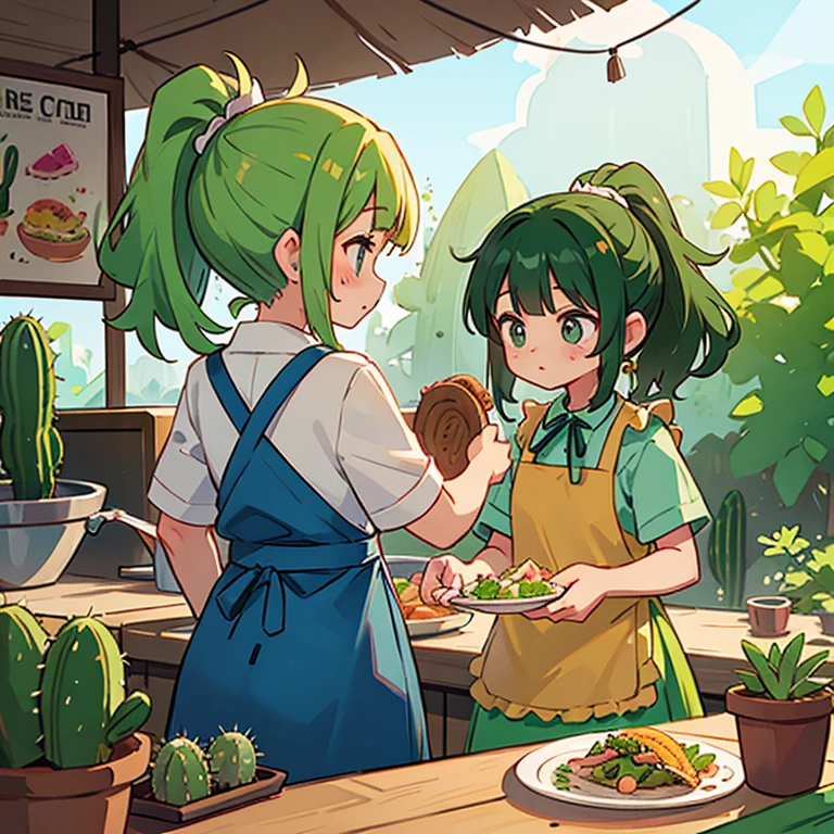 Girls cutting cactus at a taco stand Apron and ponytail Tacos on a plate on the counter