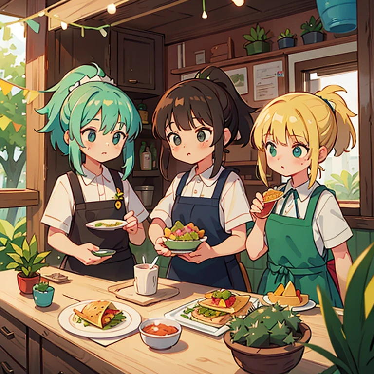 Girls cutting cactus at a taco stand　Apron and ponytail　Tacos on a plate on the counter