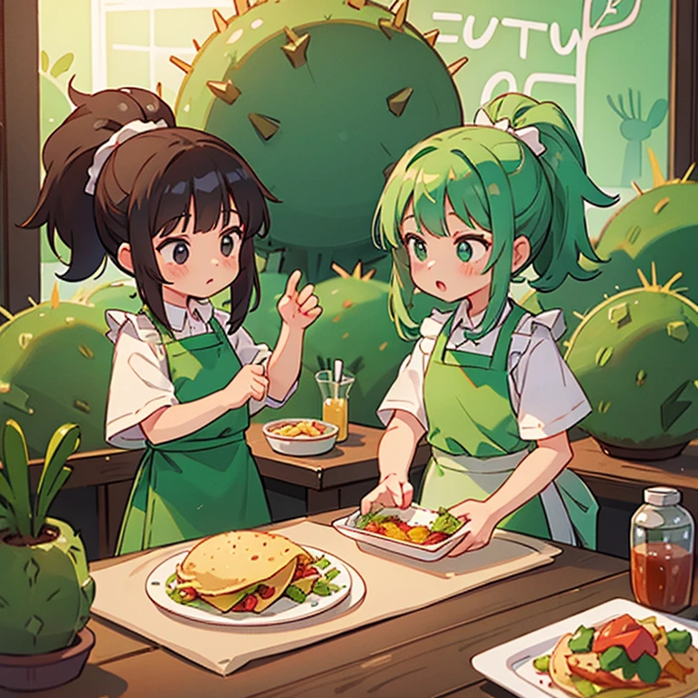 Girls cutting cactus at a taco stand Apron and ponytail Tacos on a plate on the counter