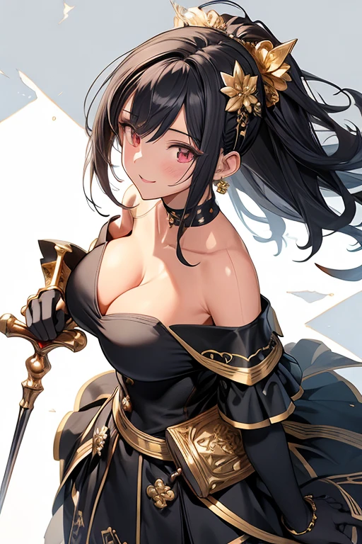 yor briar, anime style beutiful woman, 1girl, happy, smile, with sparkling eyes and a contagious smile:1.1),looking at viewer,red face, closed mouth, beautiful detailed eyes, super detailed skin, backlighting, bare shoulders, black background, black dress, black gloves, black hair, breasts, dress, earrings, fingerless gloves, floating hair, floral print, flower, gloves, gold earrings, gold hairband, hair flower, hair ornament, hairband, holding, holding weapon, jewelry, large breasts, long hair, looking at viewer, off-shoulder dress, off shoulder,red eyes, short hair with long locks, sidelocks, solo, spikes, thighs, two-sided dress, two-sided fabric, weapon, fighting stance , face, close up, from above, highest quality, high resolution.