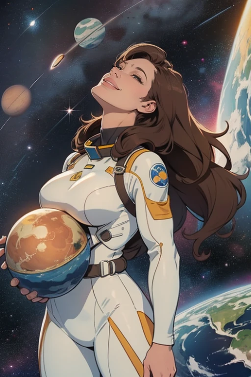 A woman with long brown hair wearing a spacesuit stands in front of a planet. She is smiling and looking up at the sky.