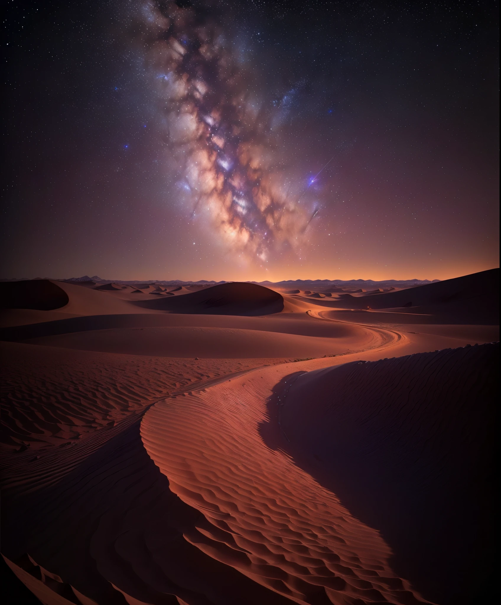 a view of the milky and the stars above a desert, space photography, floating in the desert night, desert photography, endless cosmos in the background, in a dusty red desert, somewhere in sands of the desert, amazing alien landscape, stunning alien landscape, beautiful and mysterious, milkyway light, astrophotgraphy, galactic landscape, enchanting and otherworldly, sand desert fantasy