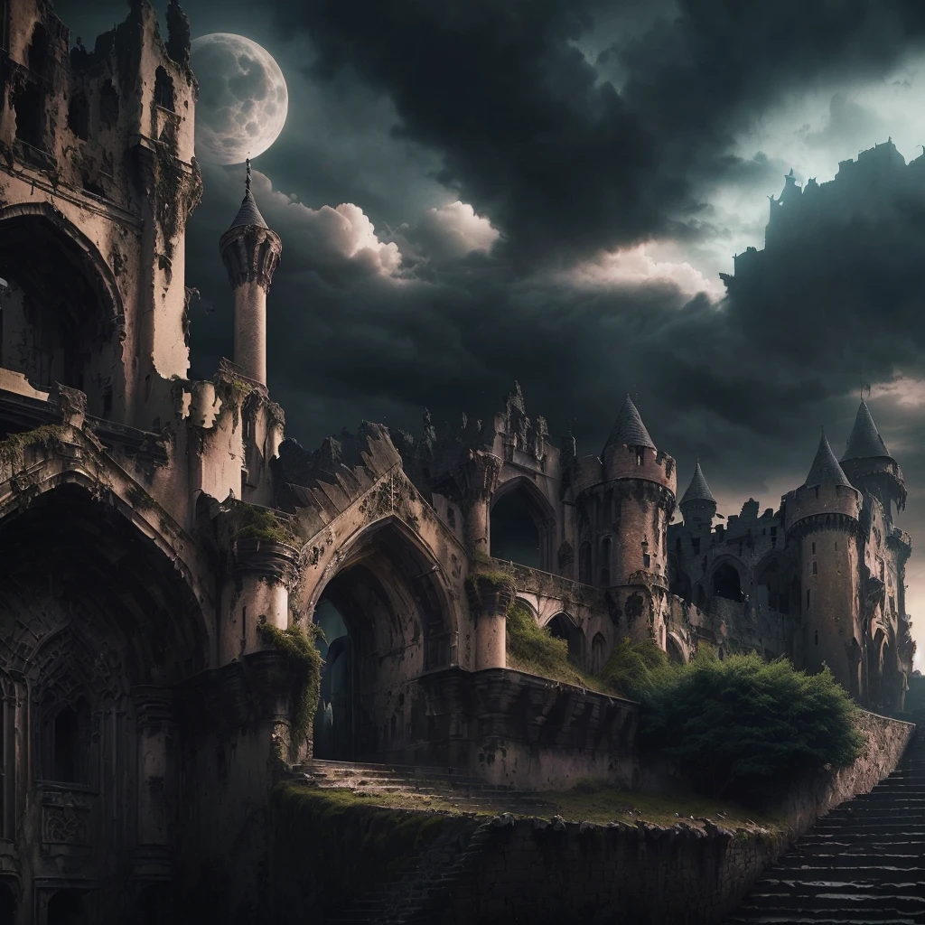 Arafed castle with stairs, leading to it under a cloudy sky, dark landscape of ruins, medieval dark fantasy, setting dark fantasy, dark castle setting, city of dark fantasies, dark castle background, dark fantasy atmosphere, dark city ruins, ornate city ruins, Gloomy medieval background, Scary Castle). MYSTICAL, gothic castle, Scary Castle)). MYSTICAL, dark fantasy background
