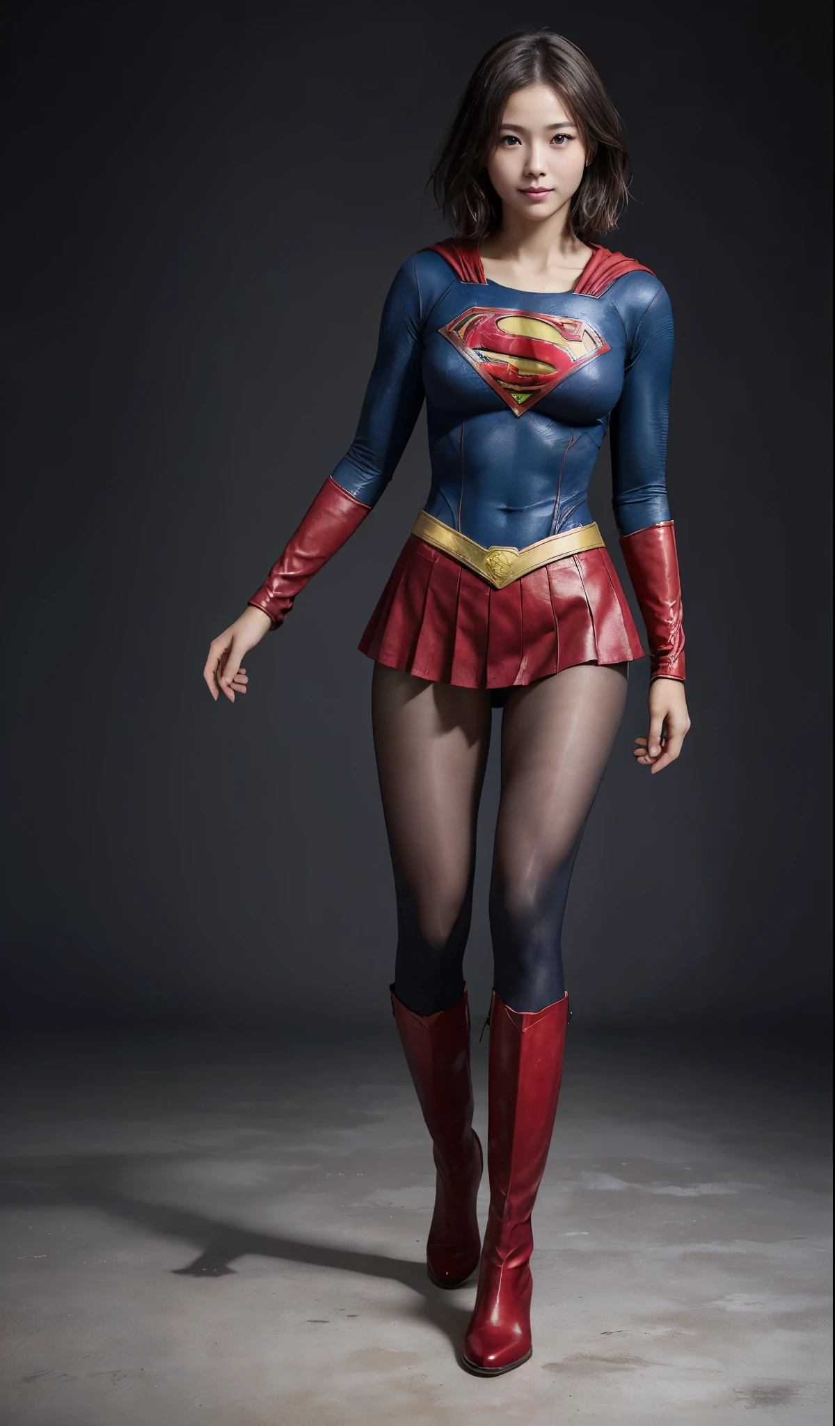 No background、(((Beautiful legs in black tights.)))、(((Legally express the beauty of your smile)))、((((Make the most of your original images)))、(((Supergirl Costume)))、(((Beautiful short bob hair)))、(((suffering)))、(((Please wear black tights....、Wear red boots)))、((Best image quality、8k))、((highest quality、8k、masterpiece:1.3))、(((Preserve background )))、Sharp focus:1.2、Beautiful woman with perfect figure:1.4、Slim Abs:1.2、Wet body:1.5、Highly detailed face and skin texture、8k