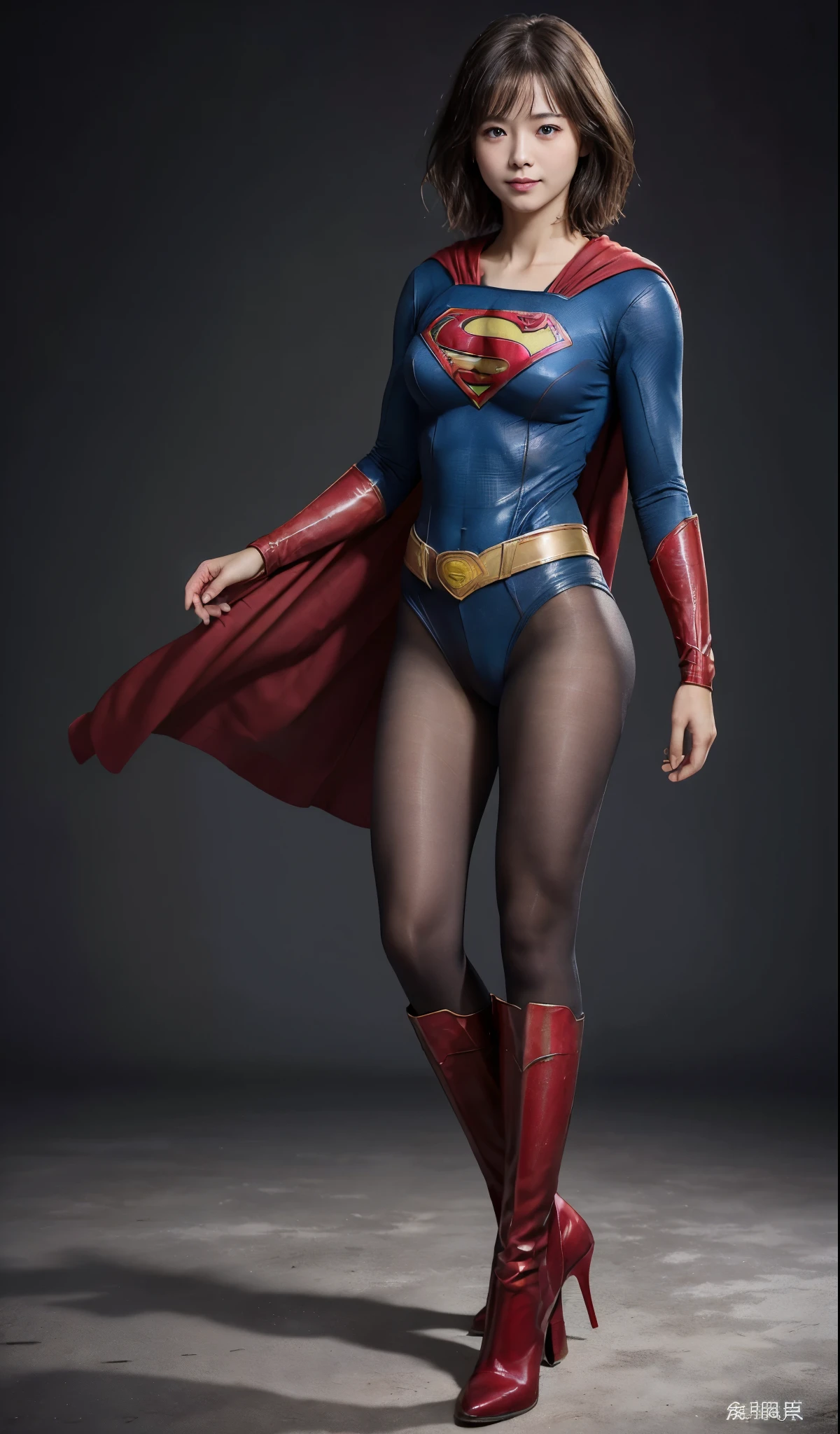 No background、(((Beautiful legs in black tights.)))、(((Legally express the beauty of your smile)))、((((Make the most of your original images)))、(((Supergirl Costume)))、(((Beautiful short bob hair)))、(((suffering)))、(((Please wear black tights....、Wear red boots)))、((Best image quality、8k))、((highest quality、8k、masterpiece:1.3))、(((Preserve background )))、Sharp focus:1.2、Beautiful woman with perfect figure:1.4、Slim Abs:1.2、Wet body:1.5、Highly detailed face and skin texture、8k