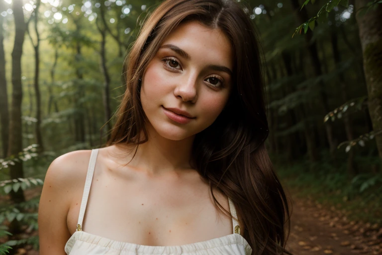 RAW photo, half body portrait of a 21yo brunette woman in a forest, chot on Codak Gold 400, 8k uhd, dslr, soft lighting, high quality, film grain