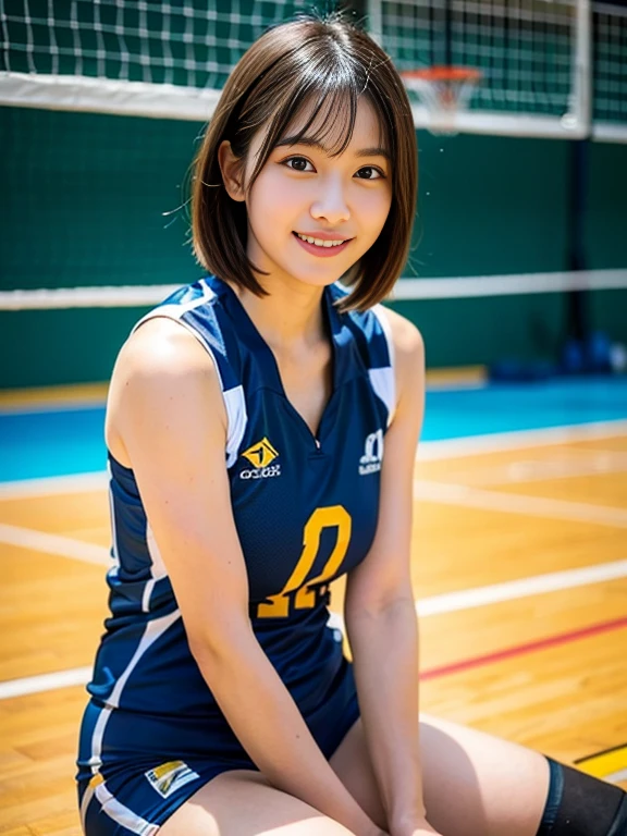 Japanese idol, Volleyball player, Volleyball uniform, large breasts, ((Volleyball court)), (smile), (Short hair), Sitting on the floor, wariza, fullbody, High school gym, plump, BREAK, realism, cinematic lighting, soft light, cute, young, (), detailed eyes, facial lighting, young idol, beautiful idol, ((chiseled face)), moon face, smooth skin, black eyes, glowing eyes masterpiece, best quality, 8K, detailed, detailed face and skin, hi-res, perfect anatomy, physically-based rendering, photorealistic, symmetric clear eyes, well-groomed face